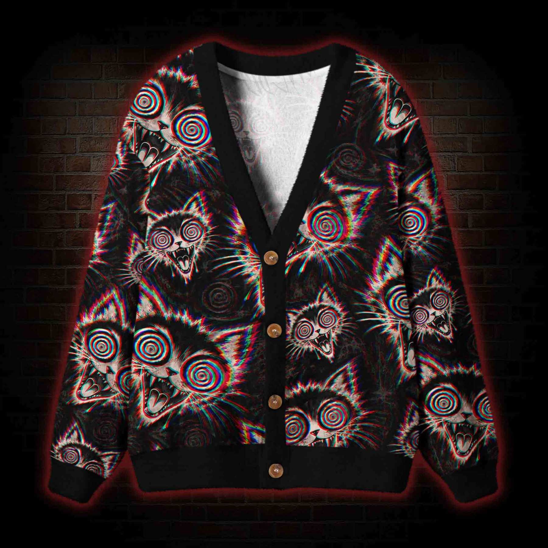 Psychedelic Trippy Cat Cardigan Sweater