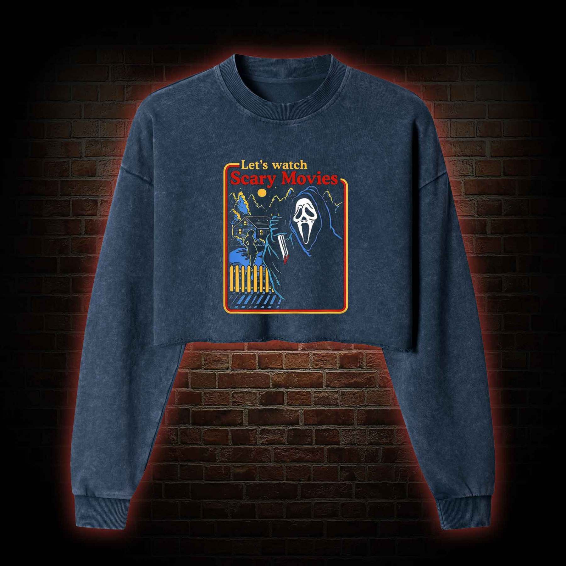 Let's Watch Scary Washed Cropped Sweatshirts