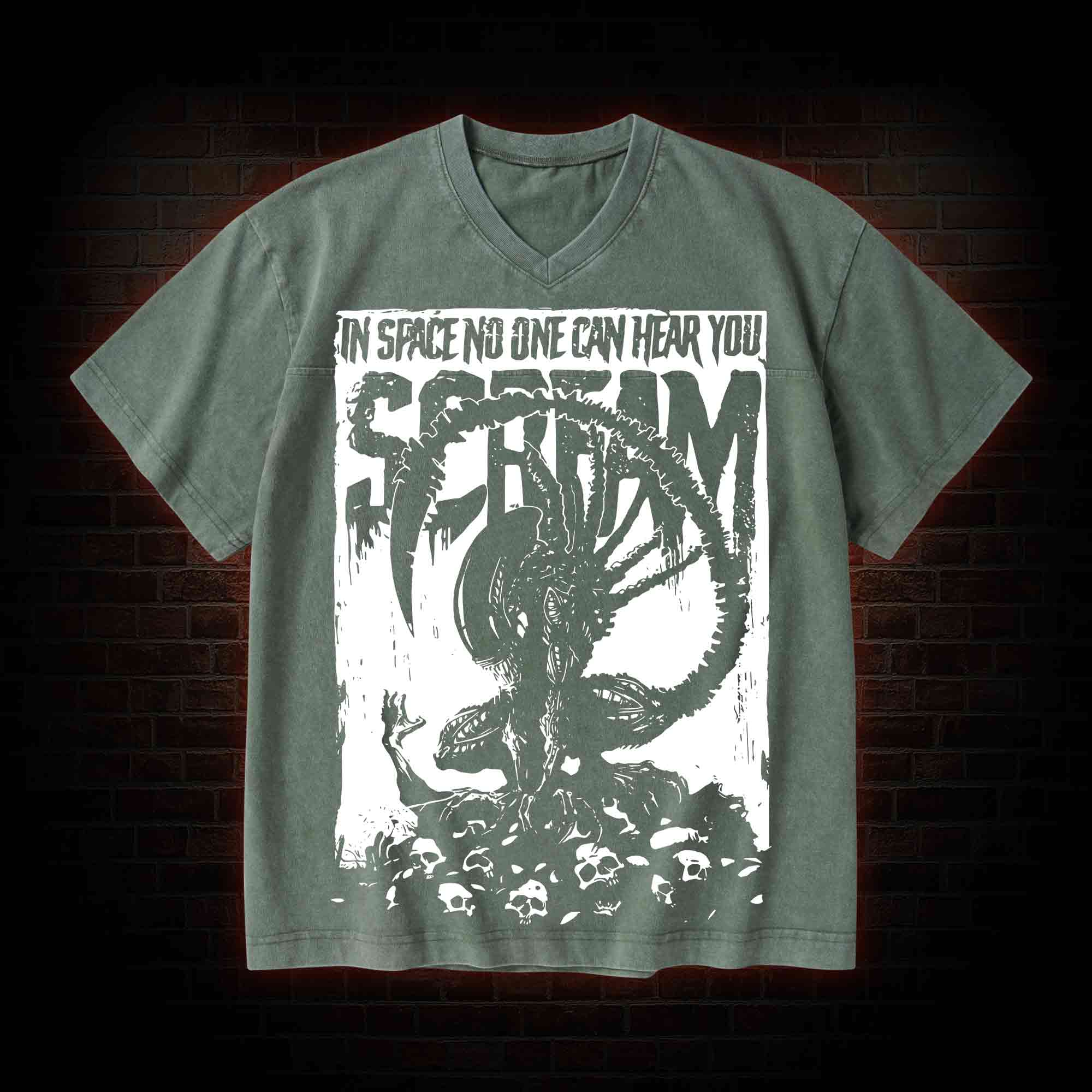 In Space No One Can Hear You Scream V-Neck Streetwear Washed T-shirt