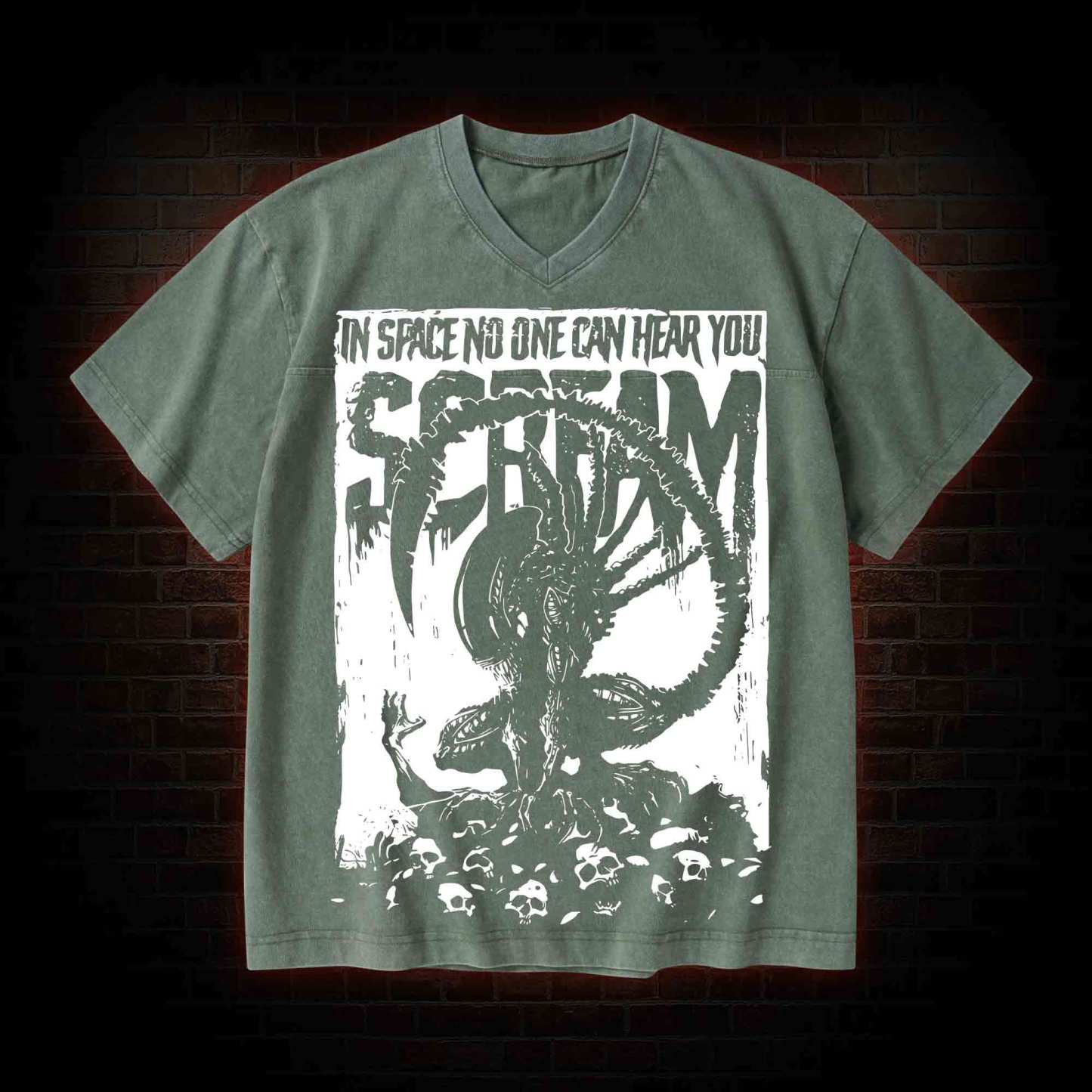 In Space No One Can Hear You Scream V-Neck Streetwear Washed T-shirt