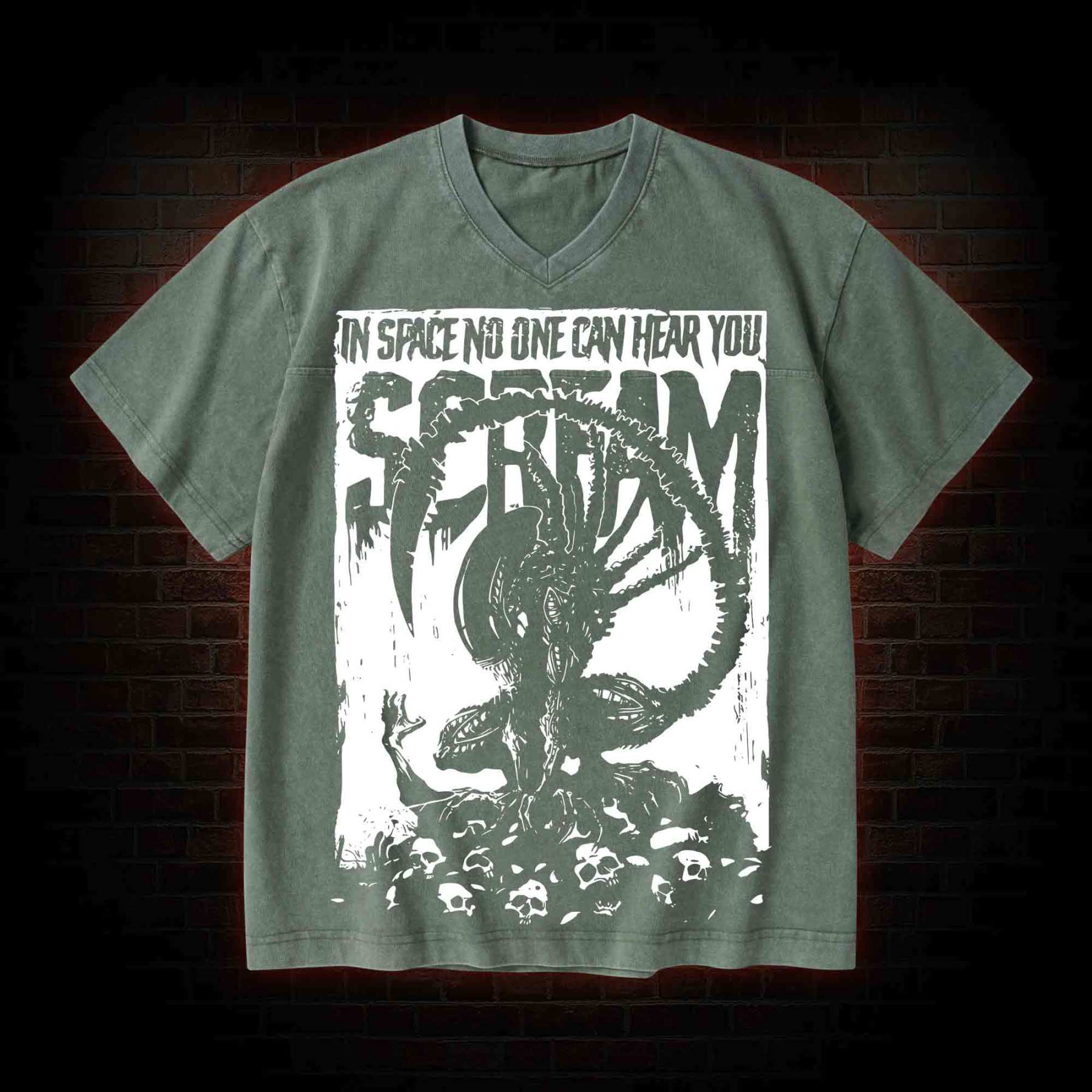 In Space No One Can Hear You Scream V-Neck Streetwear Washed T-shirt