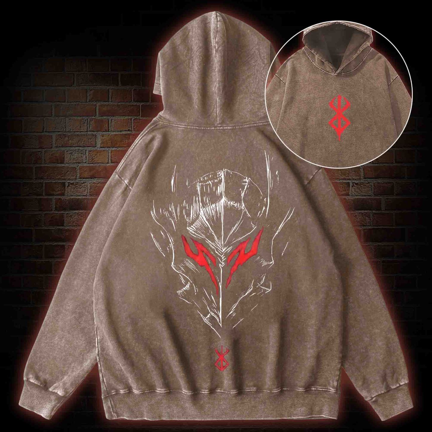 Berserker Mask Back Print Washed Hoodie