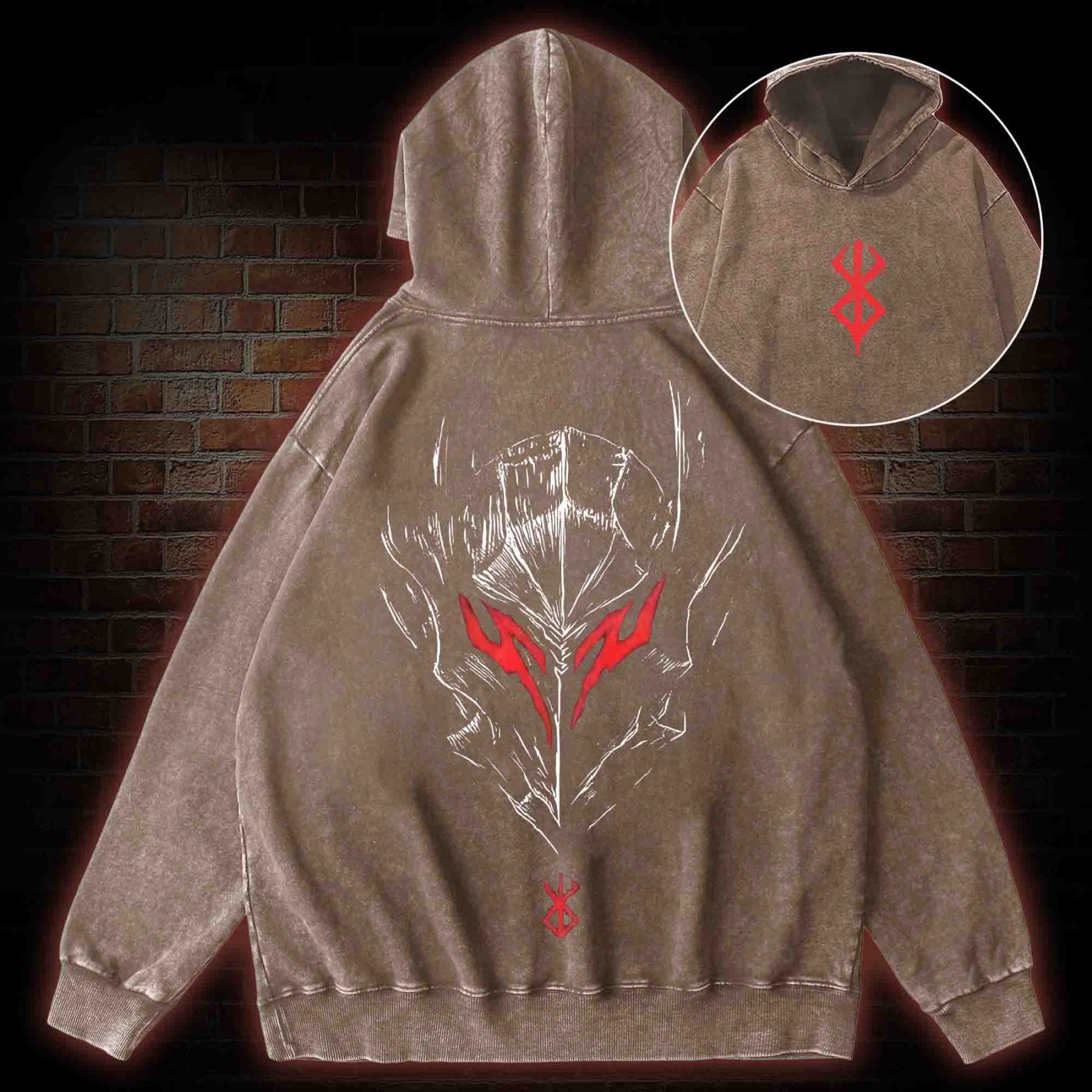 Berserker Mask Back Print Washed Hoodie