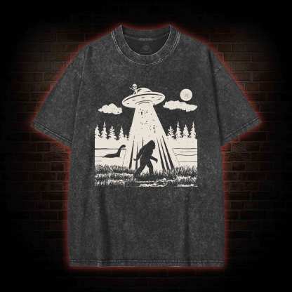 Bigfoot Sasquatch Alien UFO Loch Ness Monster Washed T-shirt