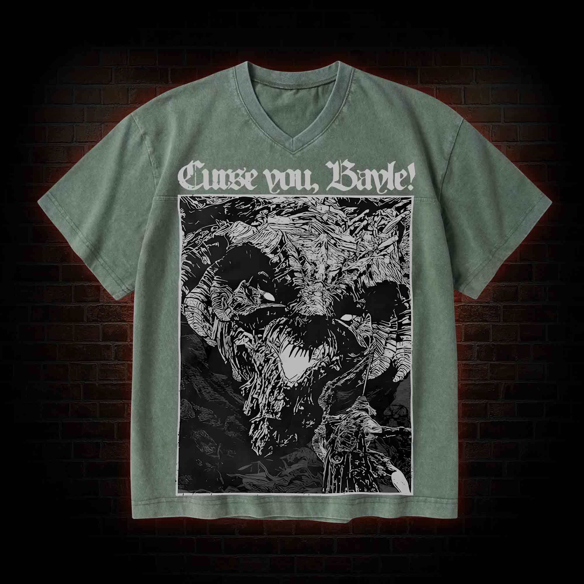 Curse You Bayle! V-Neck Streetwear Washed T-shirt