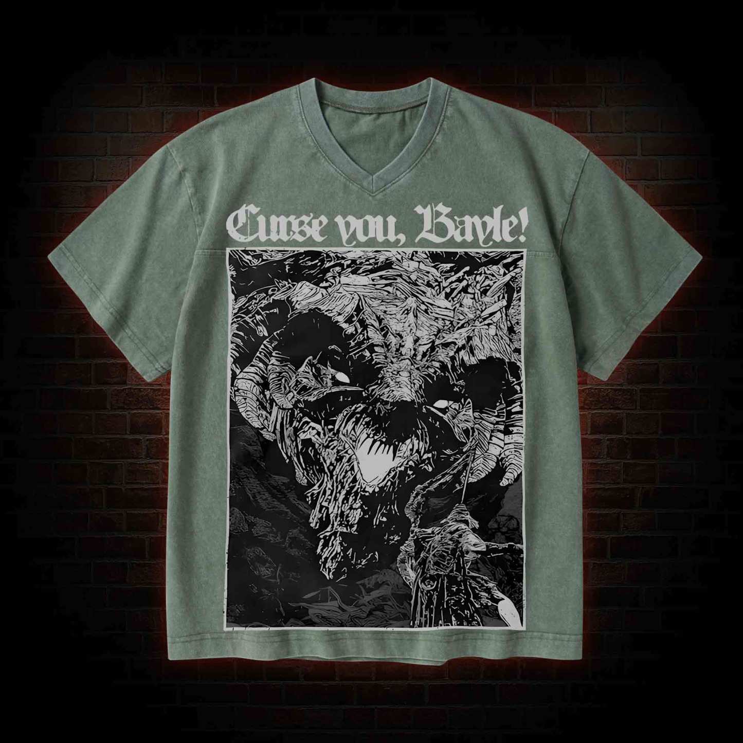 Curse You Bayle! V-Neck Streetwear Washed T-shirt