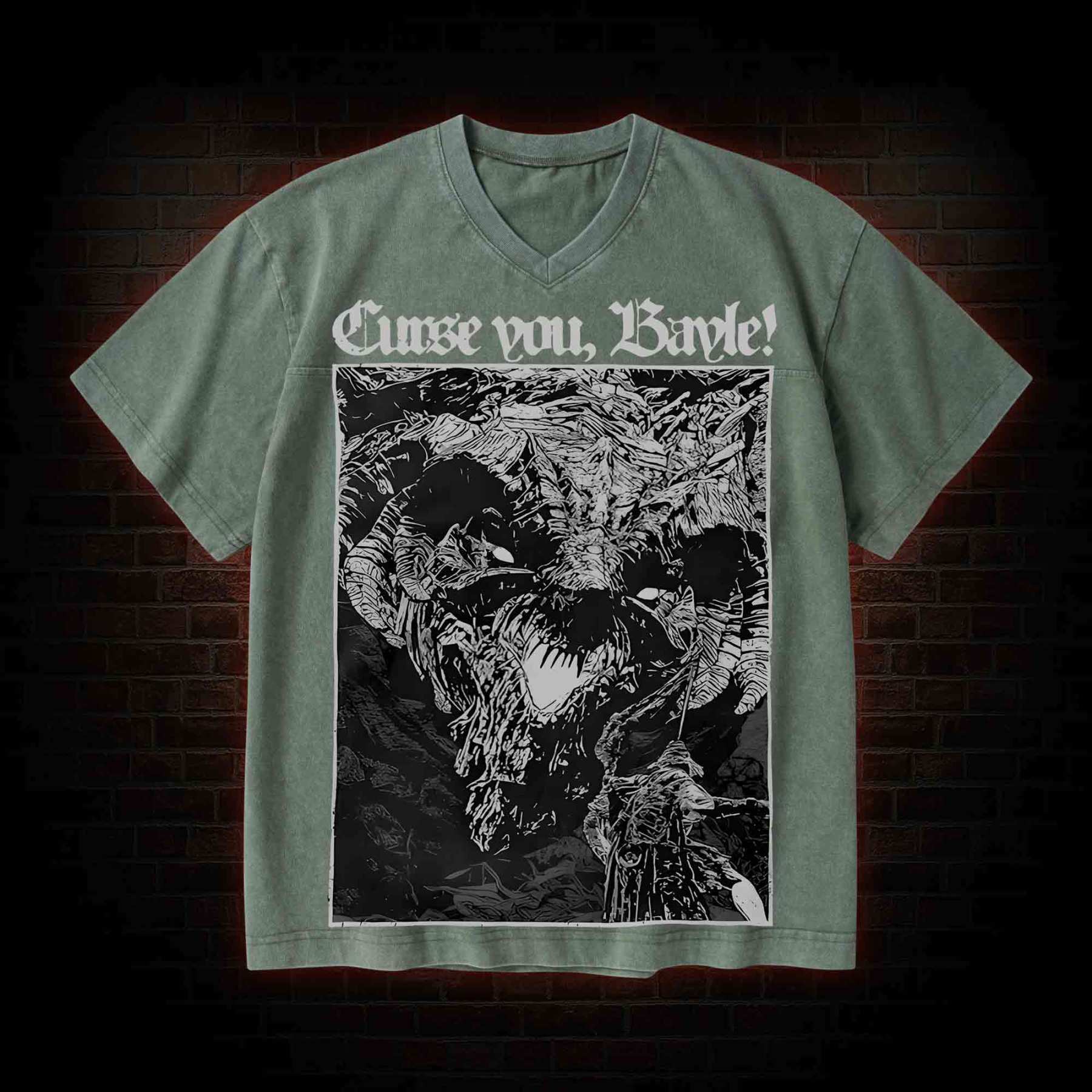 Curse You Bayle! V-Neck Streetwear Washed T-shirt