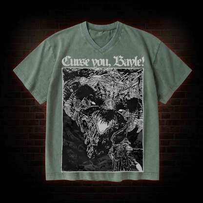 Curse You Bayle! V-Neck Streetwear Washed T-shirt
