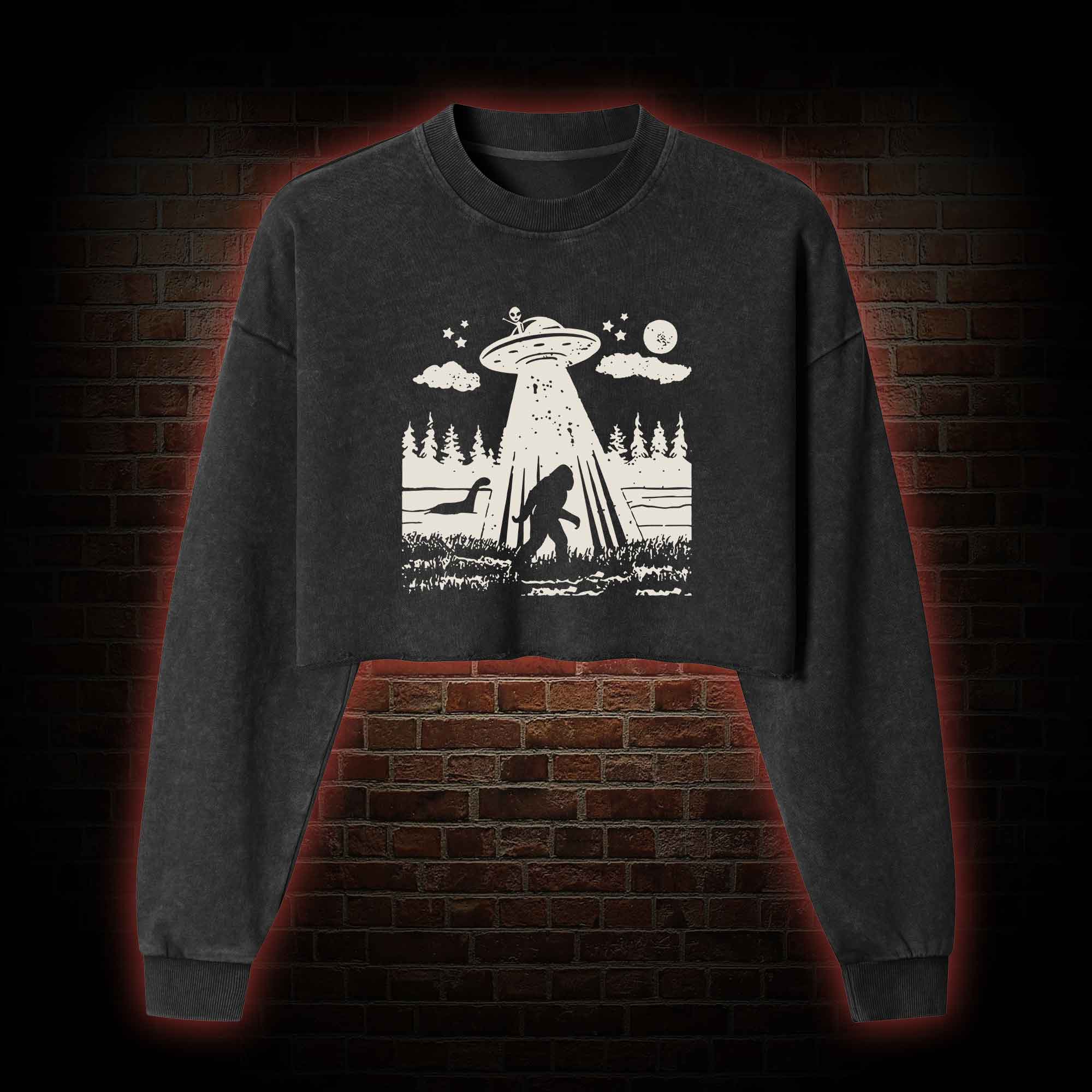 Bigfoot Sasquatch Alien UFO Loch Ness Monster Washed Cropped Sweatshirts