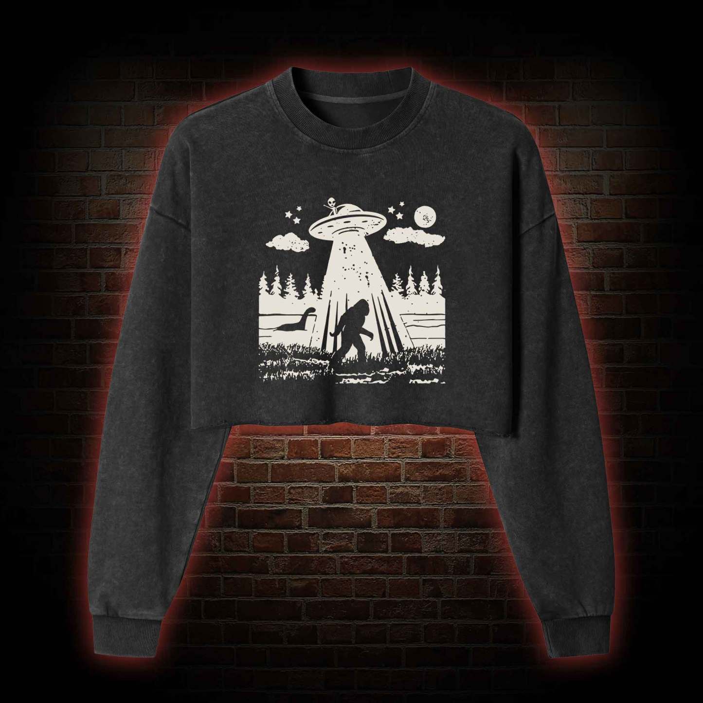 Bigfoot Sasquatch Alien UFO Loch Ness Monster Washed Cropped Sweatshirts