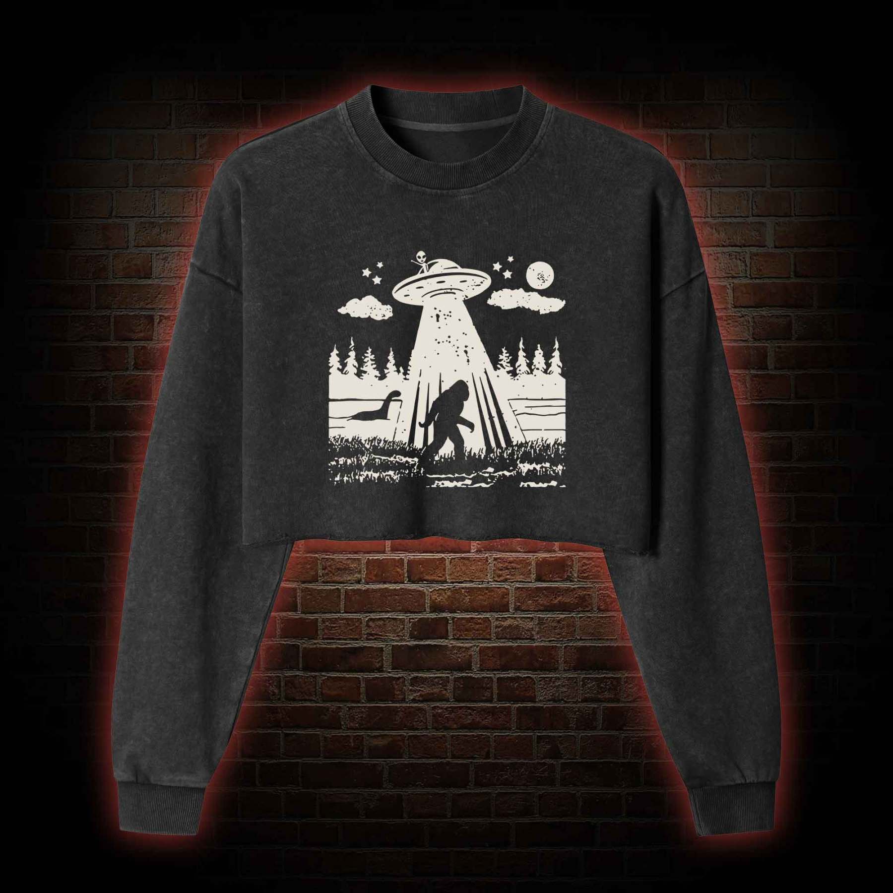 Bigfoot Sasquatch Alien UFO Loch Ness Monster Washed Cropped Sweatshirts