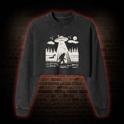 Bigfoot Sasquatch Alien UFO Loch Ness Monster Washed Cropped Sweatshirts