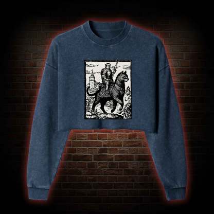 Knight Cat Rider Washed Cropped Sweatshirts