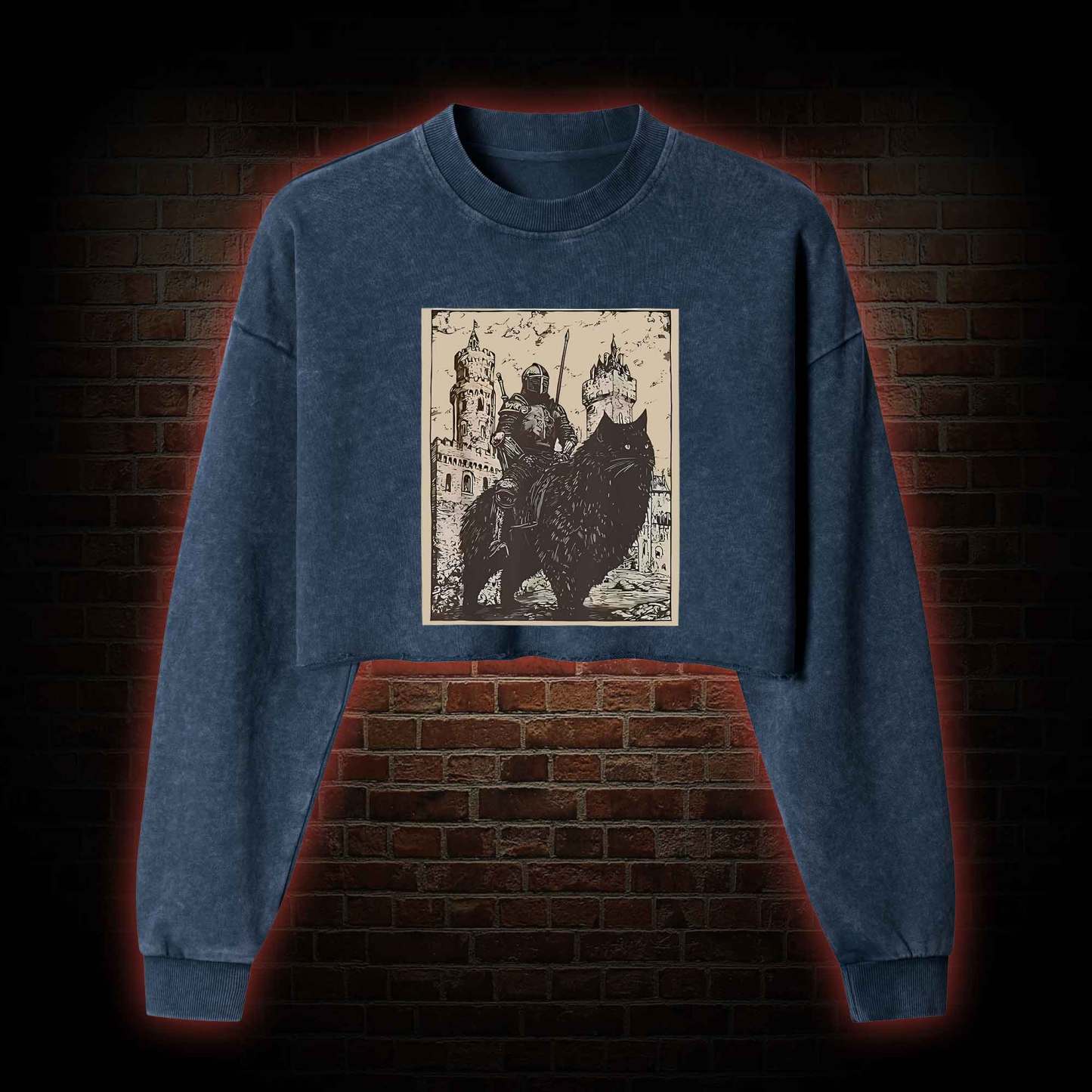 Knight Cat Rider Vintage Washed Cropped Sweatshirts