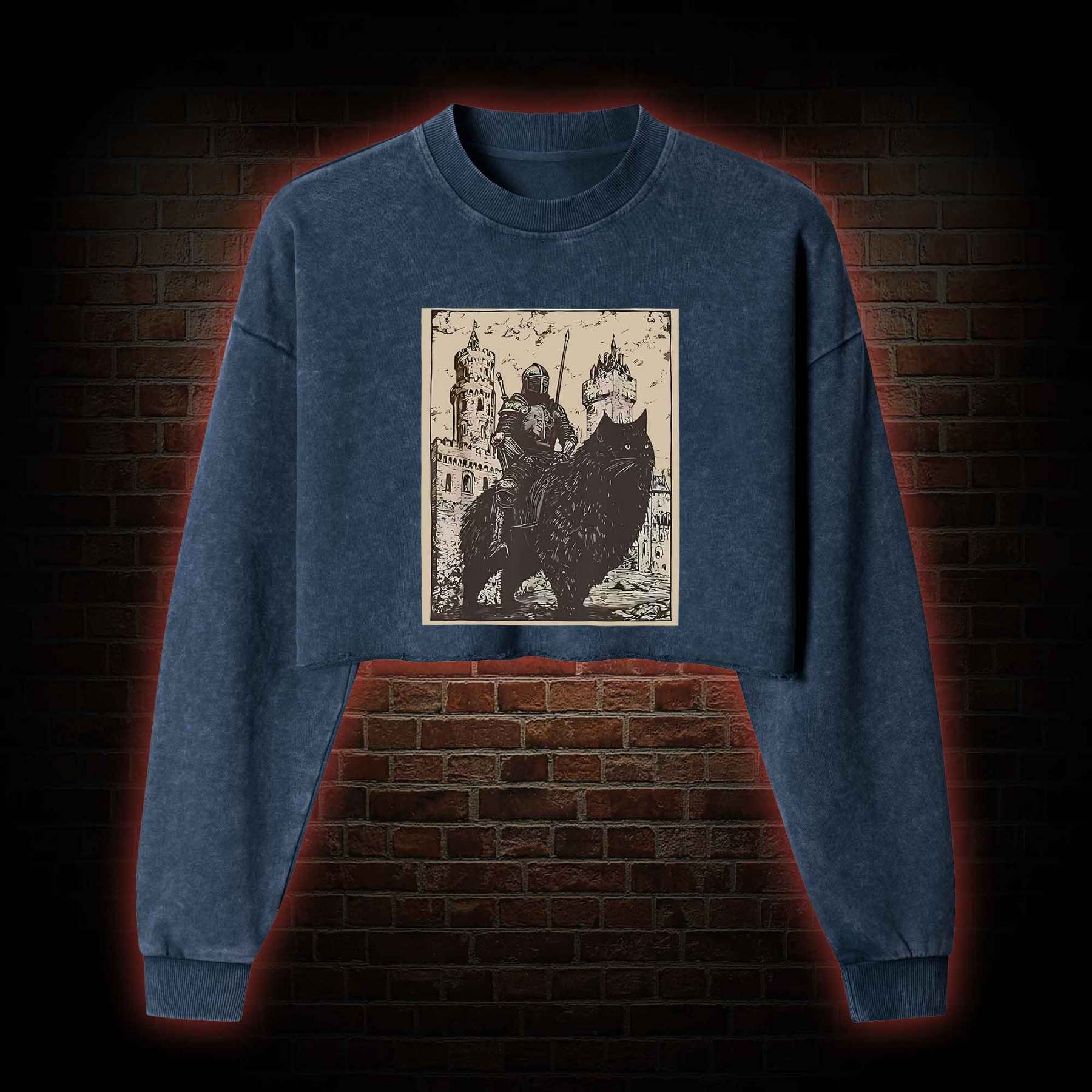 Knight Cat Rider Vintage Washed Cropped Sweatshirts