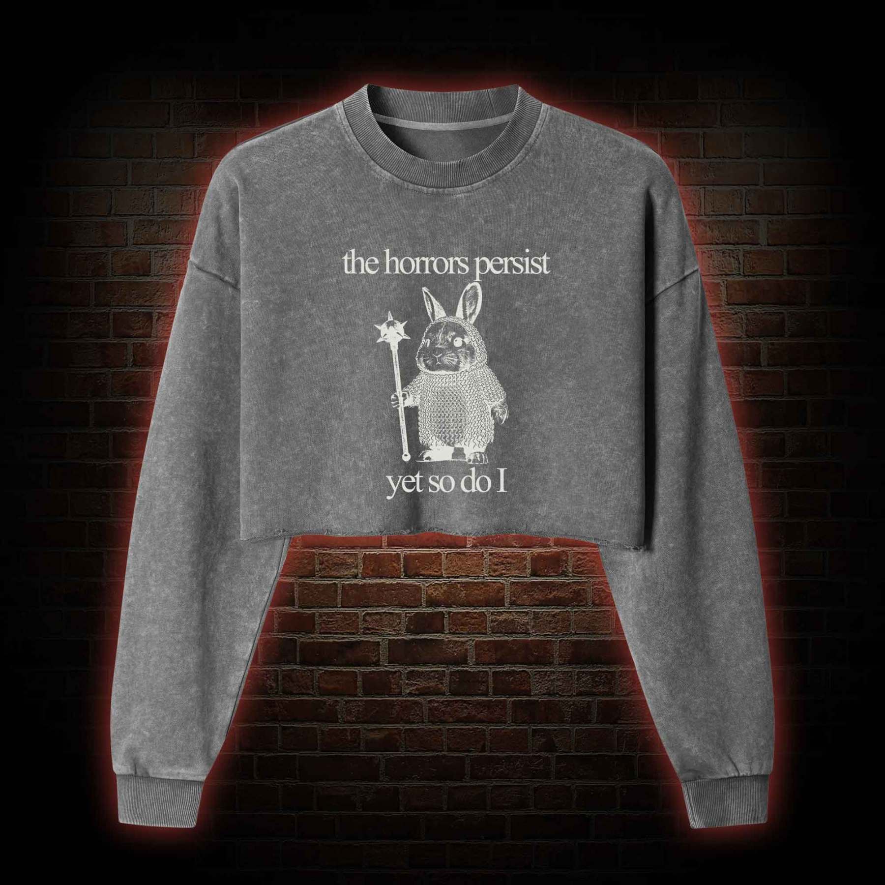 The Horrors Persist but so do I Cute Bunny Washed Cropped Sweatshirts