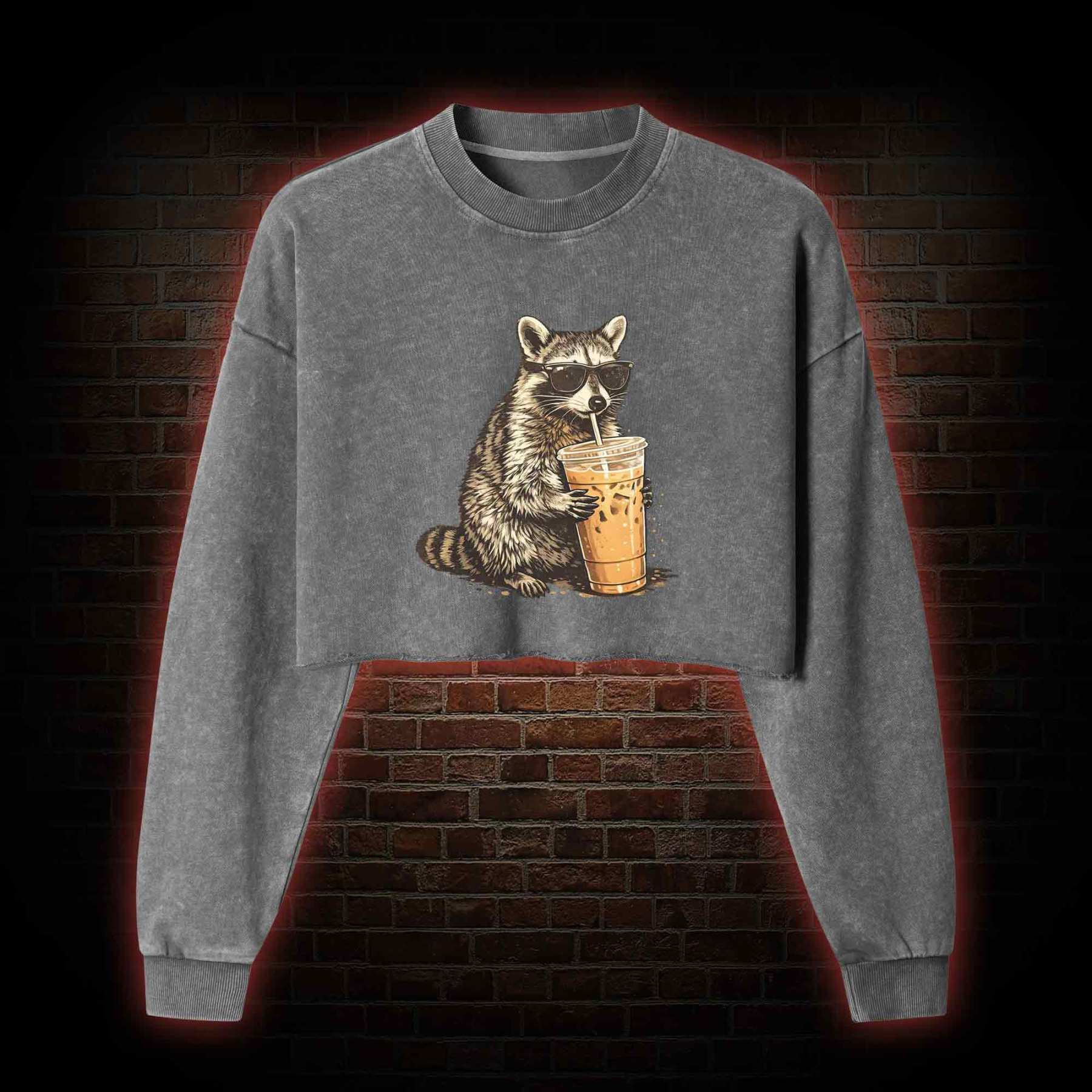 Raccoon Drinking Iced Coffee Washed Cropped Sweatshirts