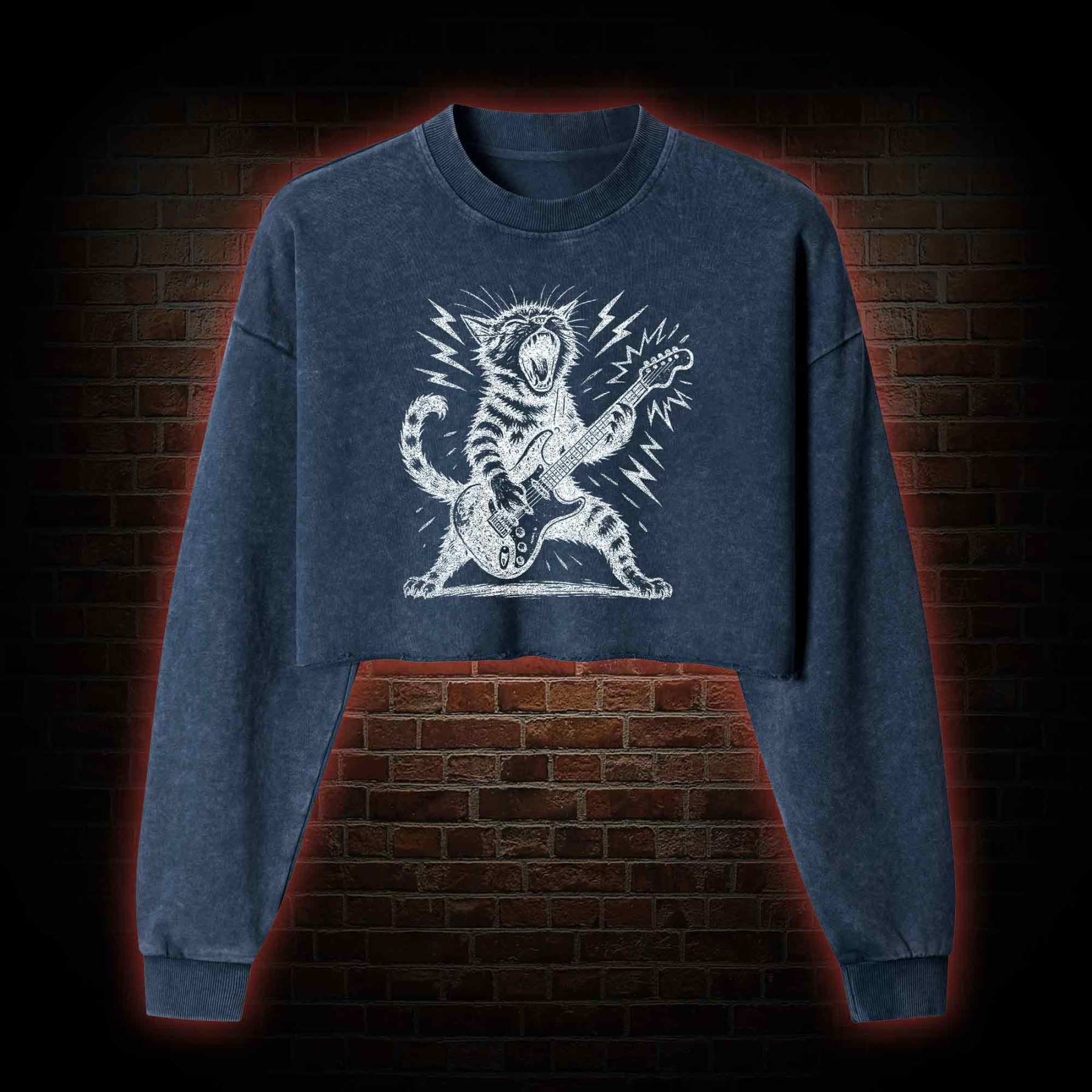 Rock and Roll Cat Washed Cropped Sweatshirts