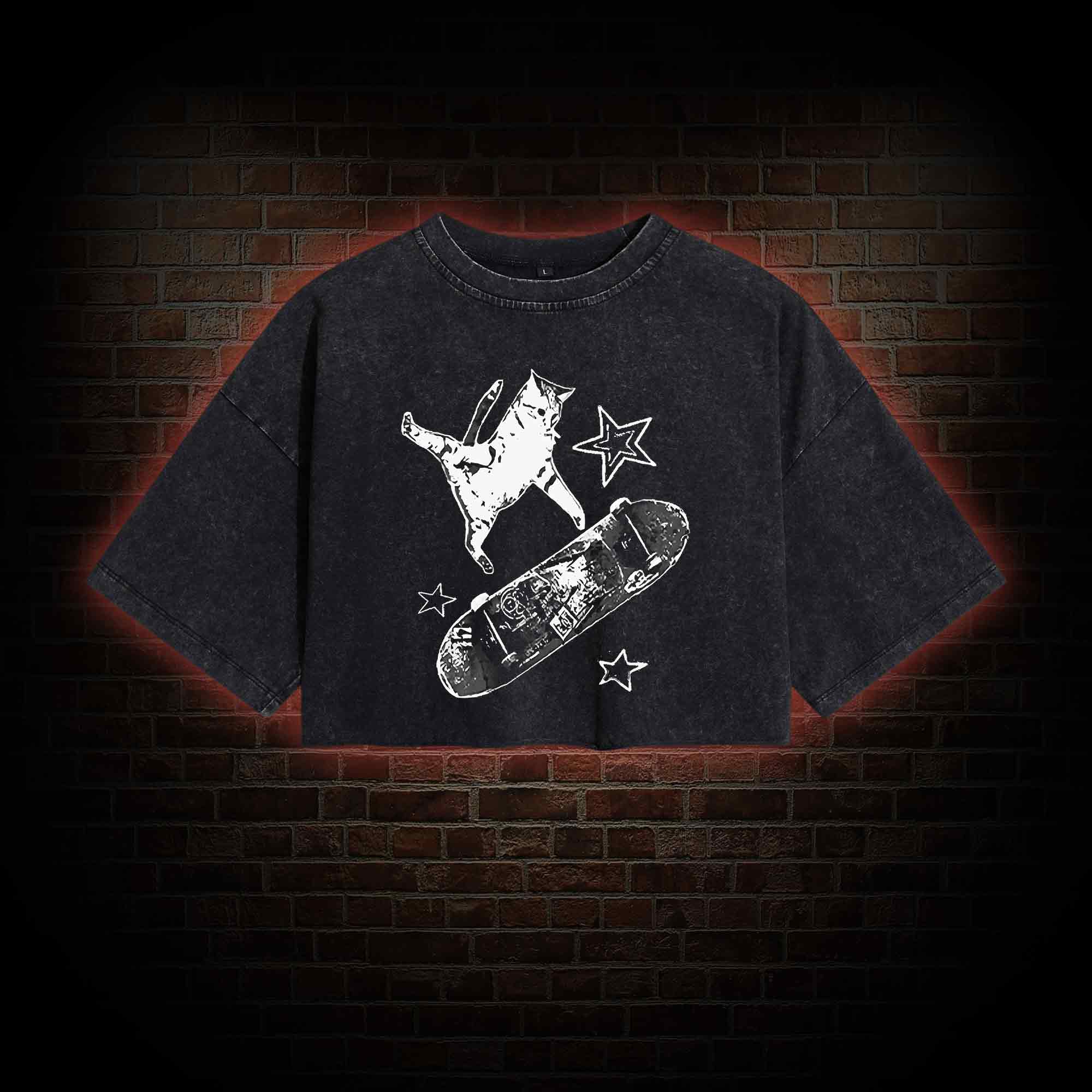Skateboard Cat Washed Cropped T-shirts