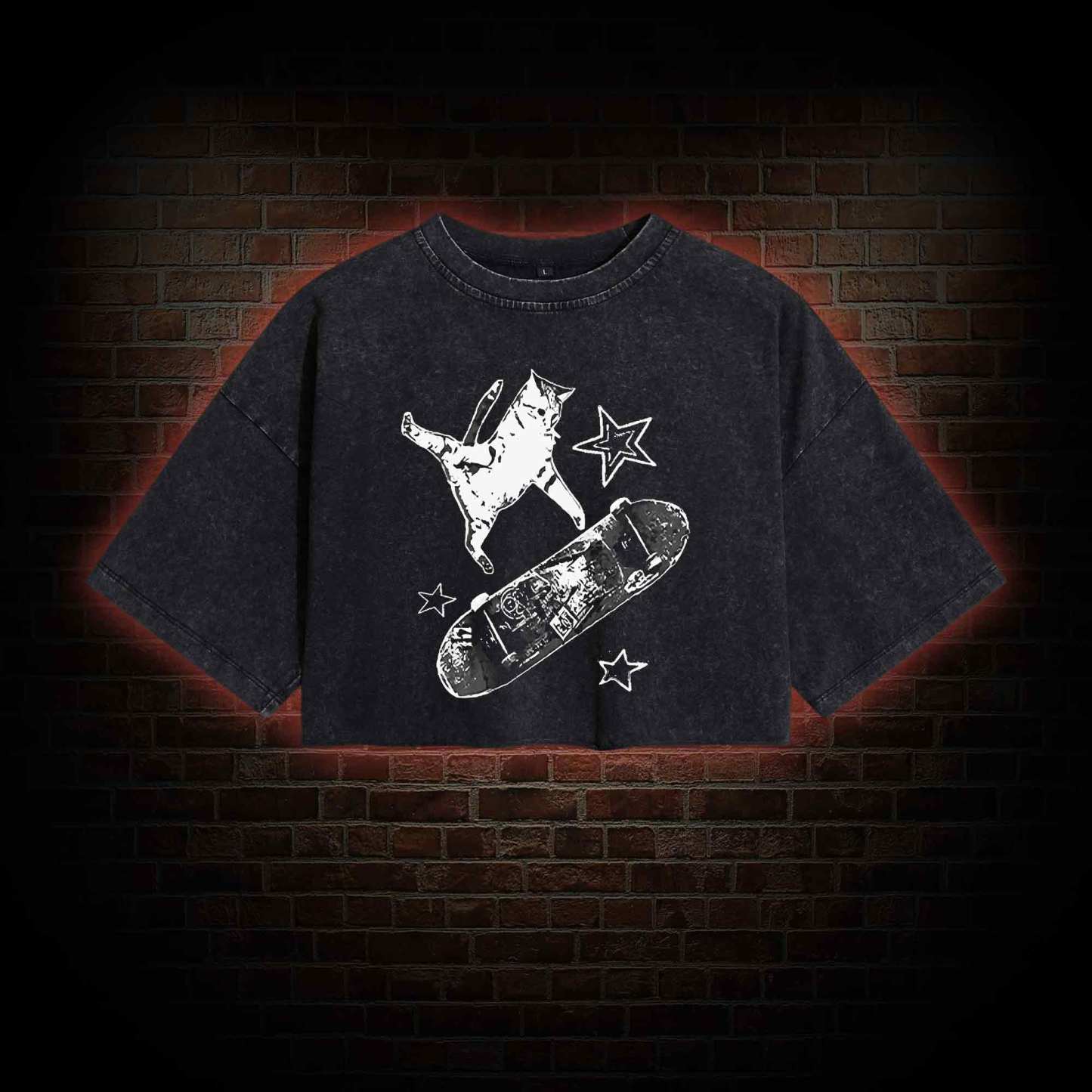 Skateboard Cat Washed Cropped T-shirts