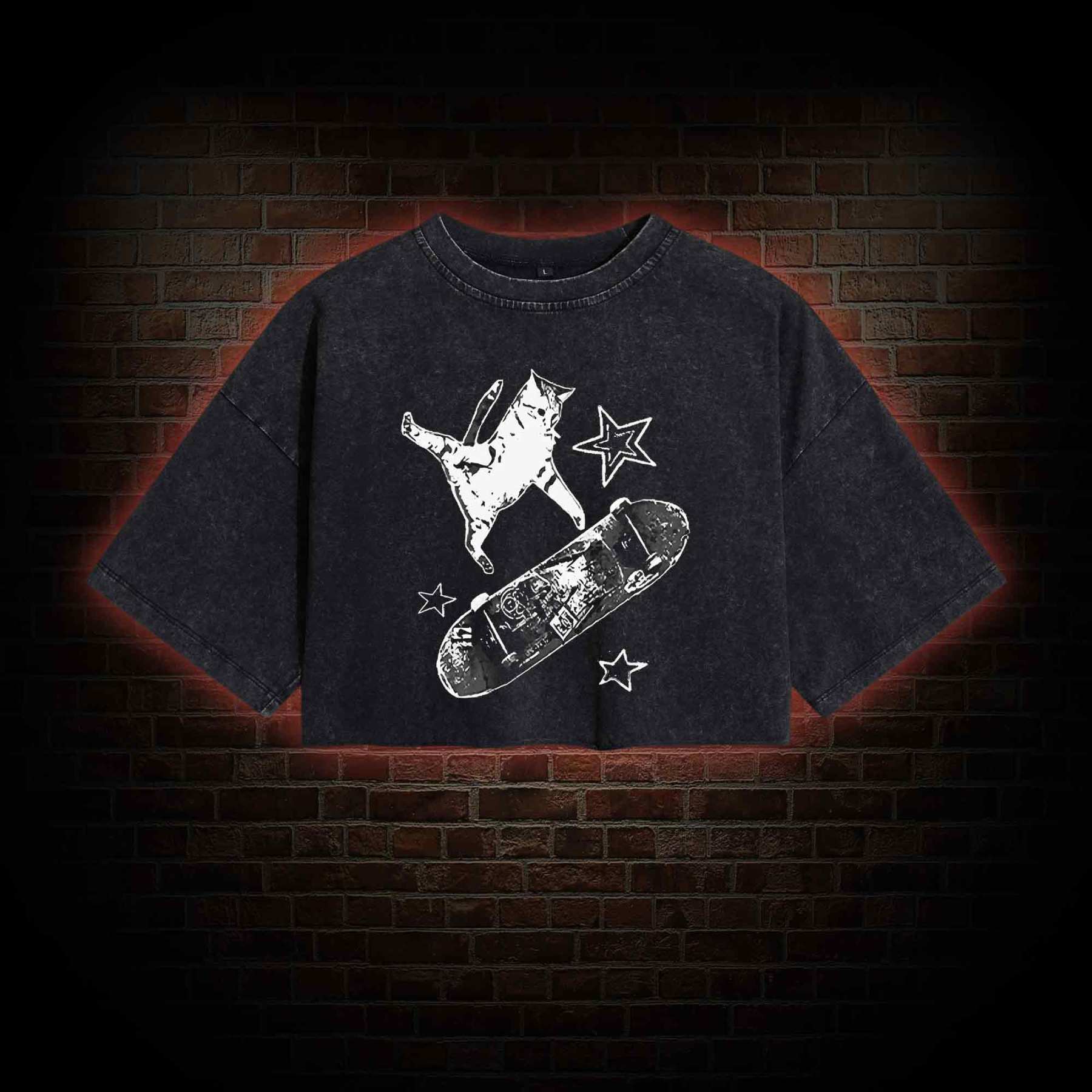 Skateboard Cat Washed Cropped T-shirts