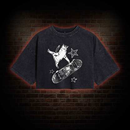 Skateboard Cat Washed Cropped T-shirts