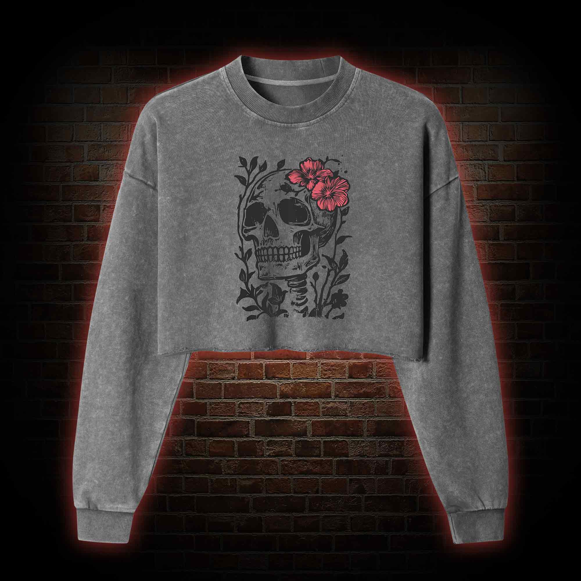 Flower Skull Washed Cropped Sweatshirts