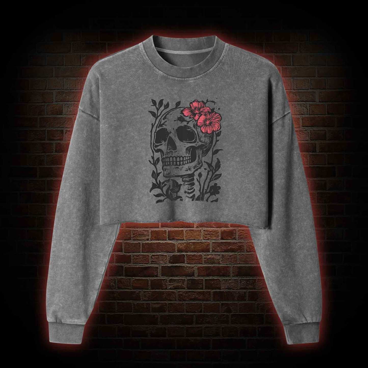 Flower Skull Washed Cropped Sweatshirts