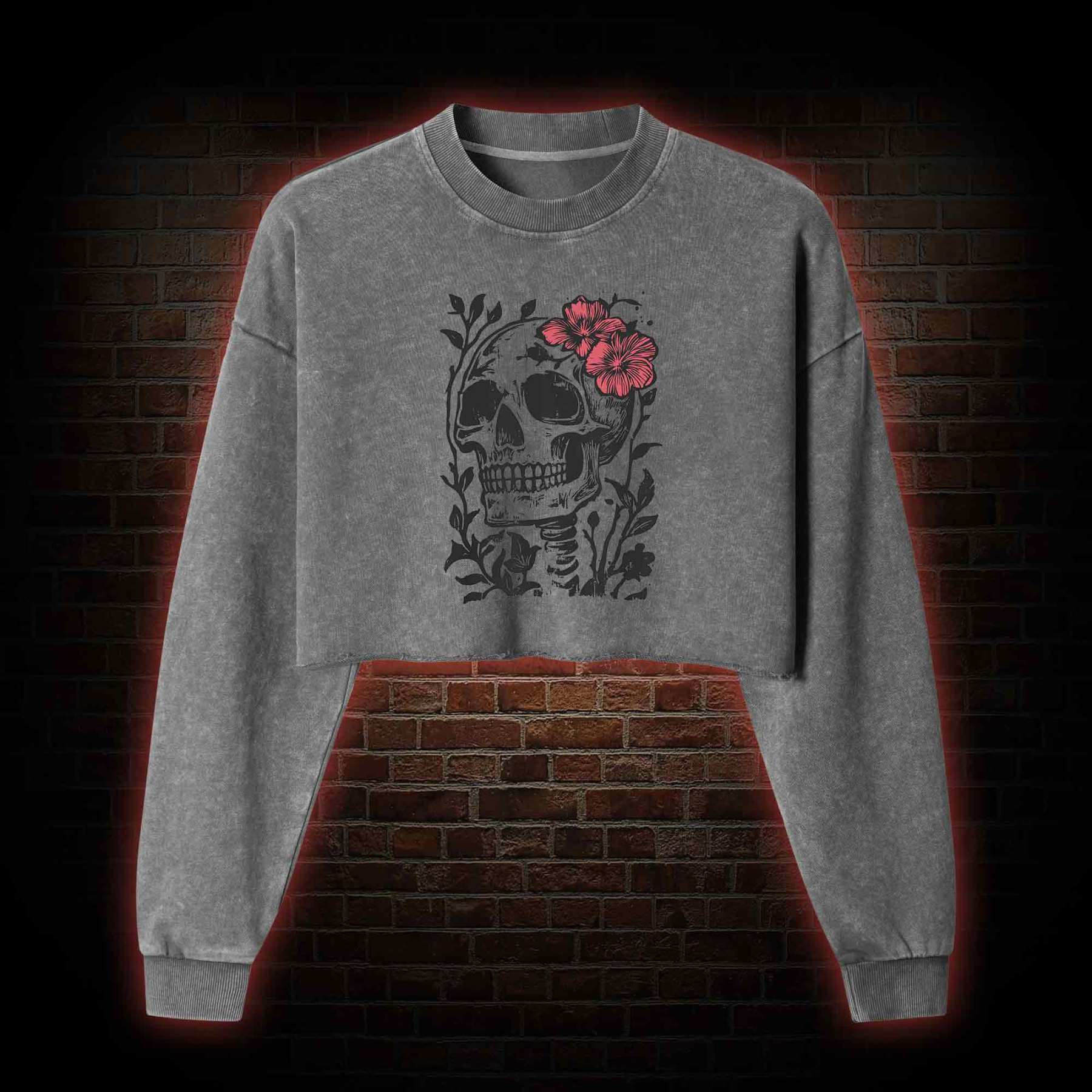 Flower Skull Washed Cropped Sweatshirts