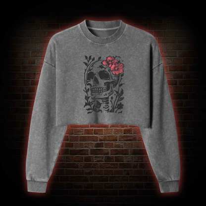 Flower Skull Washed Cropped Sweatshirts