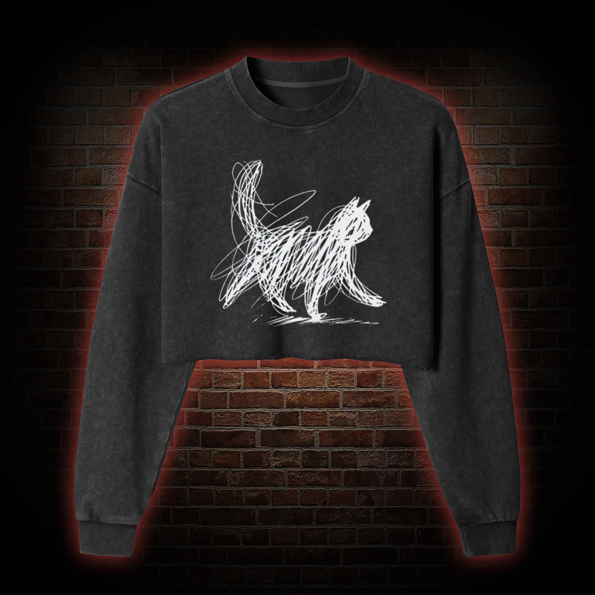 Cat Line Art Washed Cropped Sweatshirts