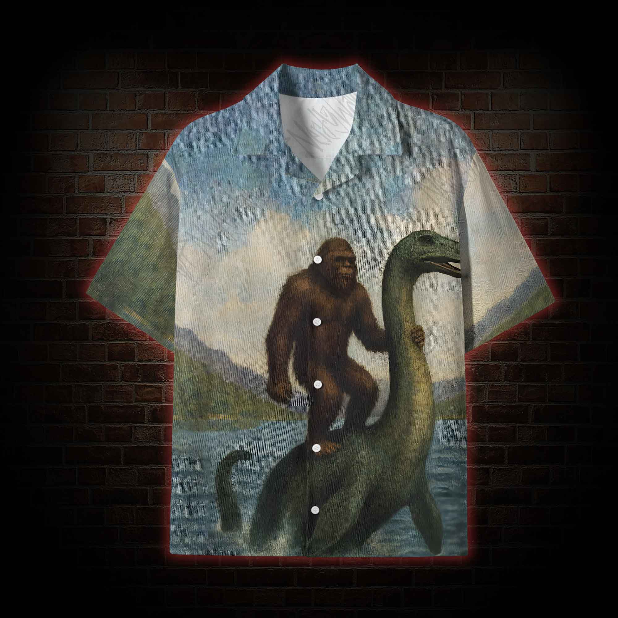 Bigfoot Riding Loch Ness Monster Lightweight Hawaiian Shirt