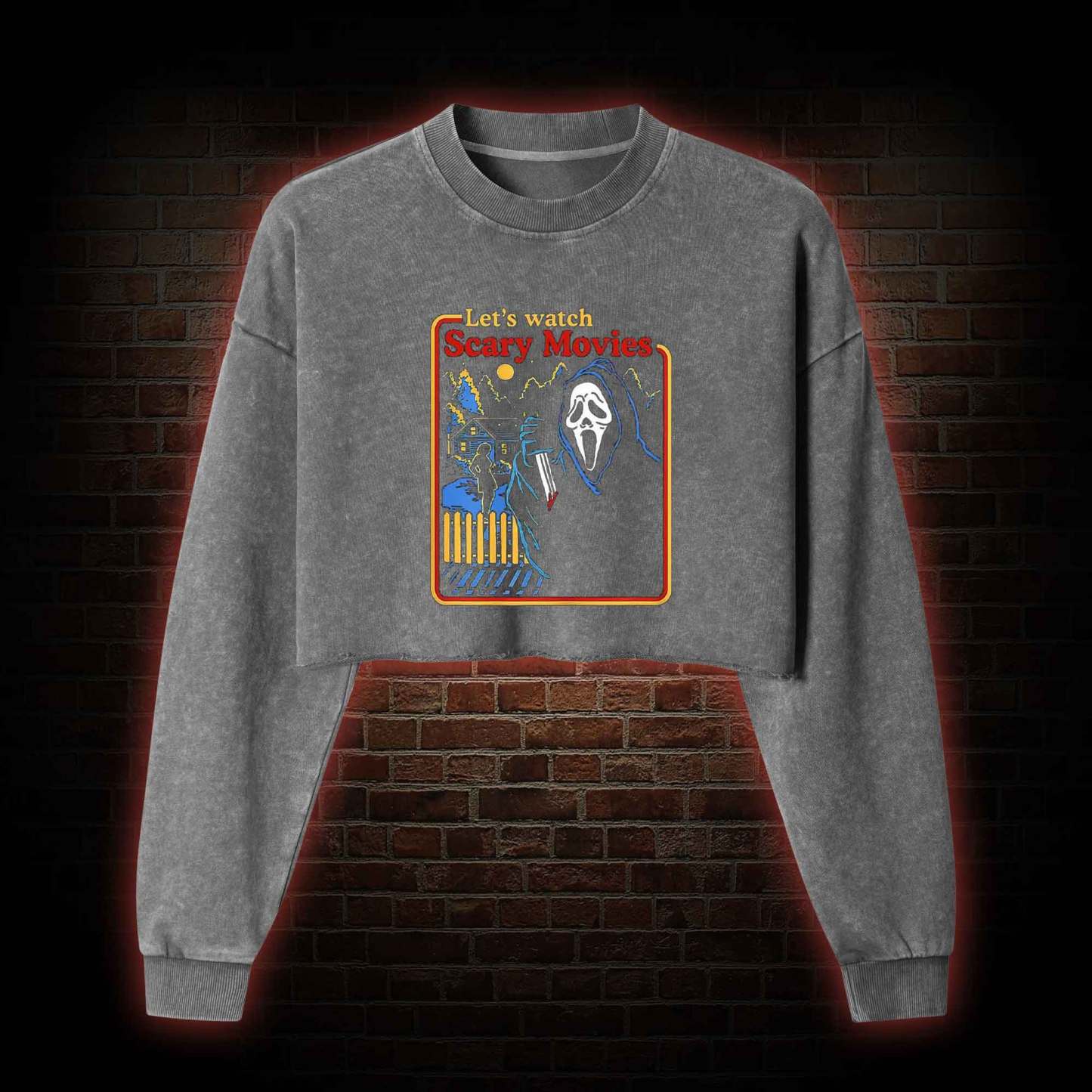 Let's Watch Scary Washed Cropped Sweatshirts