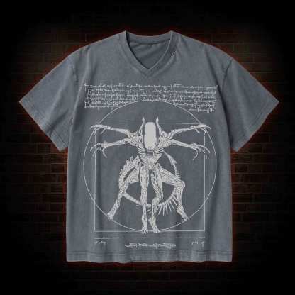 Alien V-Neck Streetwear Washed T-shirt