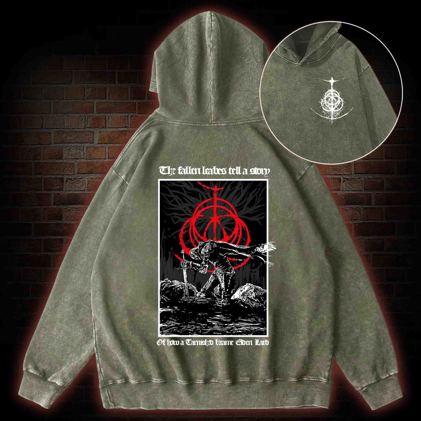 The Fallen Leaves Tell a Story Back Print Washed Hoodie