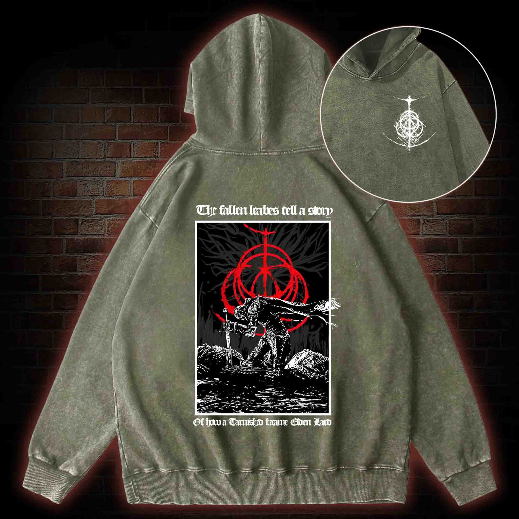 The Fallen Leaves Tell a Story Back Print Washed Hoodie