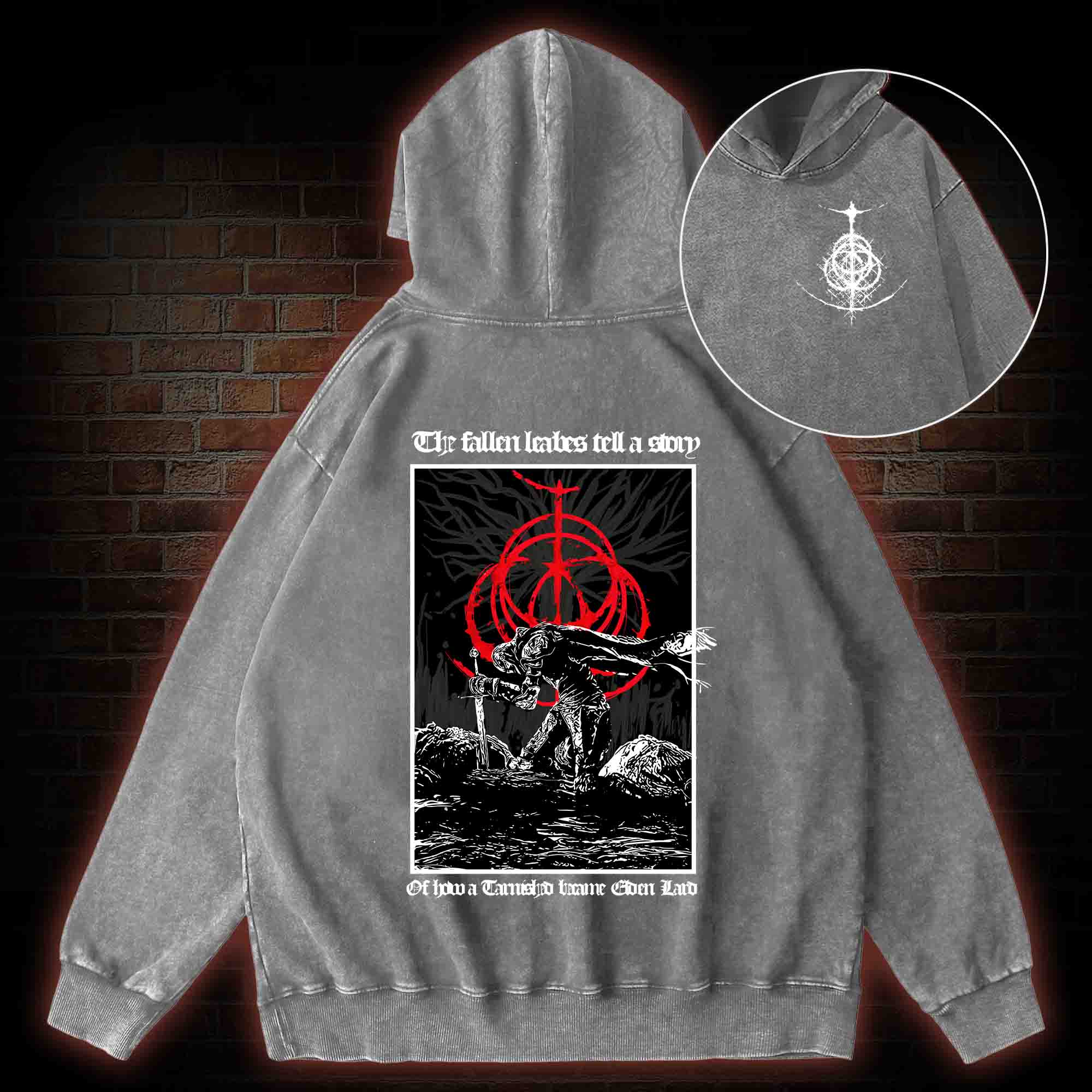 The Fallen Leaves Tell a Story Back Print Washed Hoodie