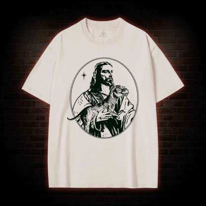 Jesus Holding Dinosaur Washed T-shirt