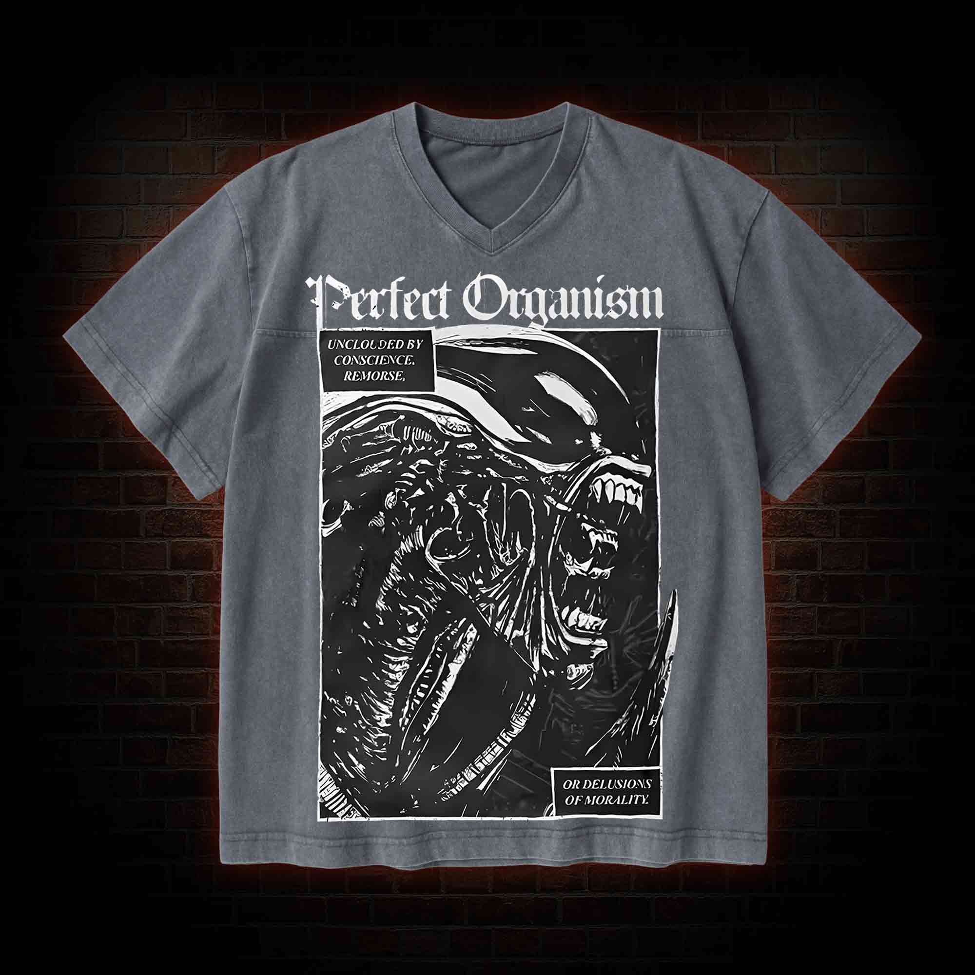 Alien Perfect Organism V-Neck Streetwear Washed T-shirt