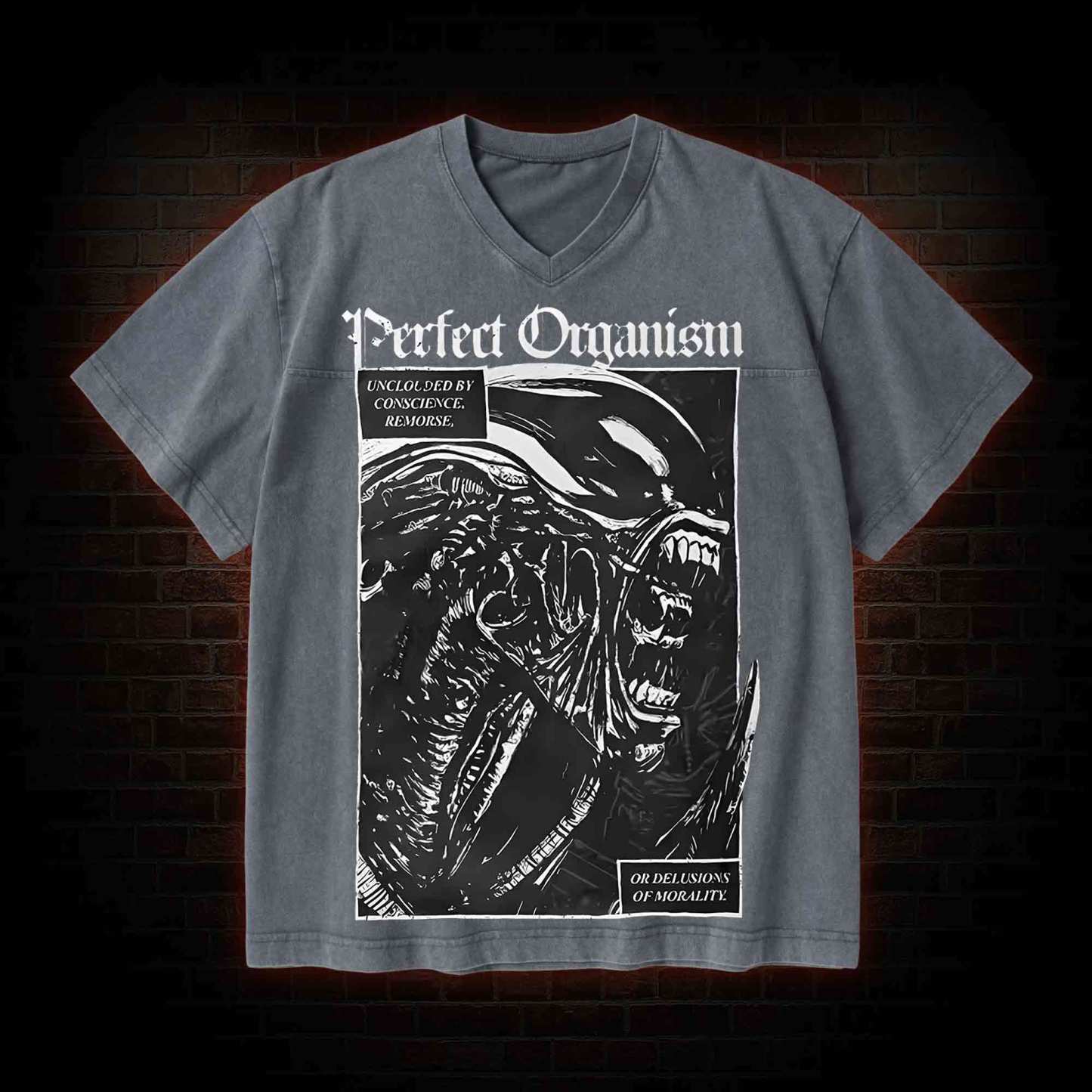 Alien Perfect Organism V-Neck Streetwear Washed T-shirt