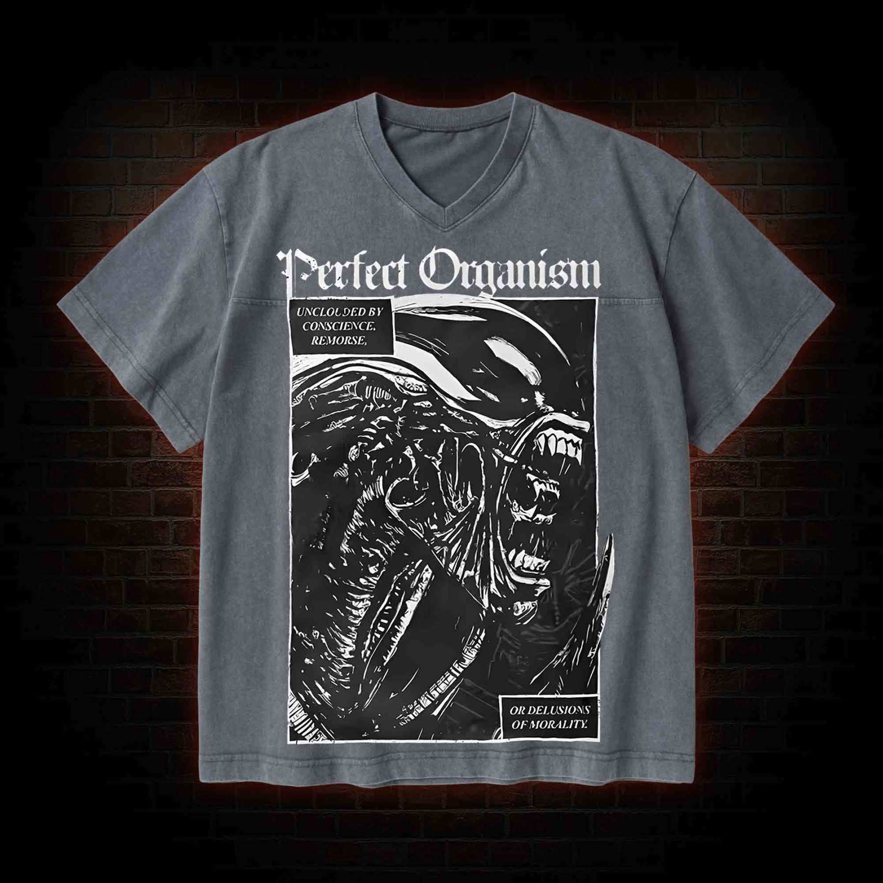 Alien Perfect Organism V-Neck Streetwear Washed T-shirt