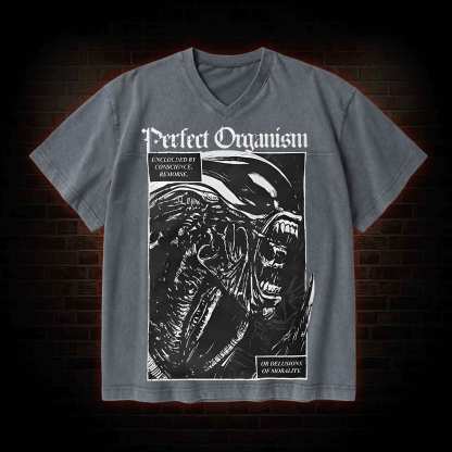 Alien Perfect Organism V-Neck Streetwear Washed T-shirt