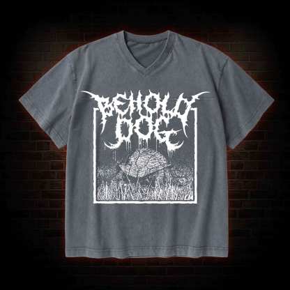 Behold Dog V-Neck Streetwear Washed T-shirt