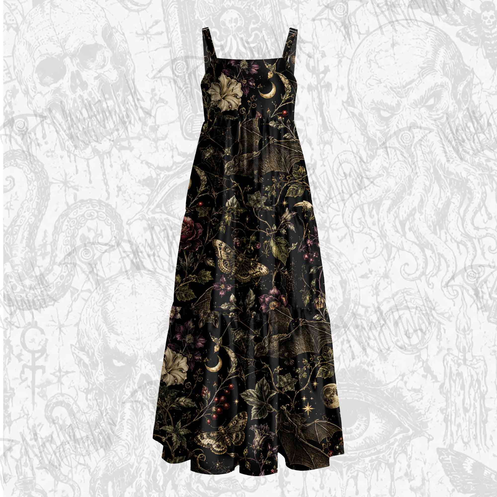 Moonlit Gothic Bat Wide Straps Maxi Dress