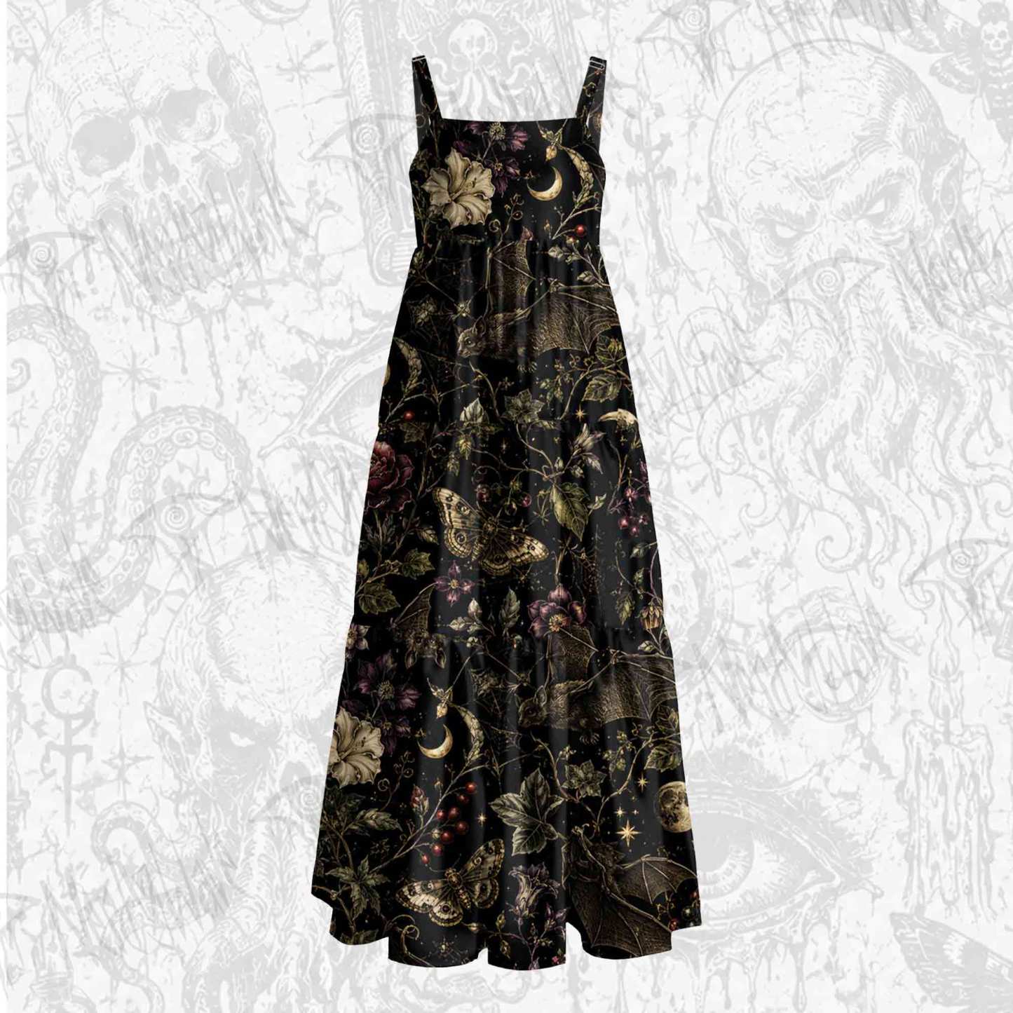 Moonlit Gothic Bat Wide Straps Maxi Dress