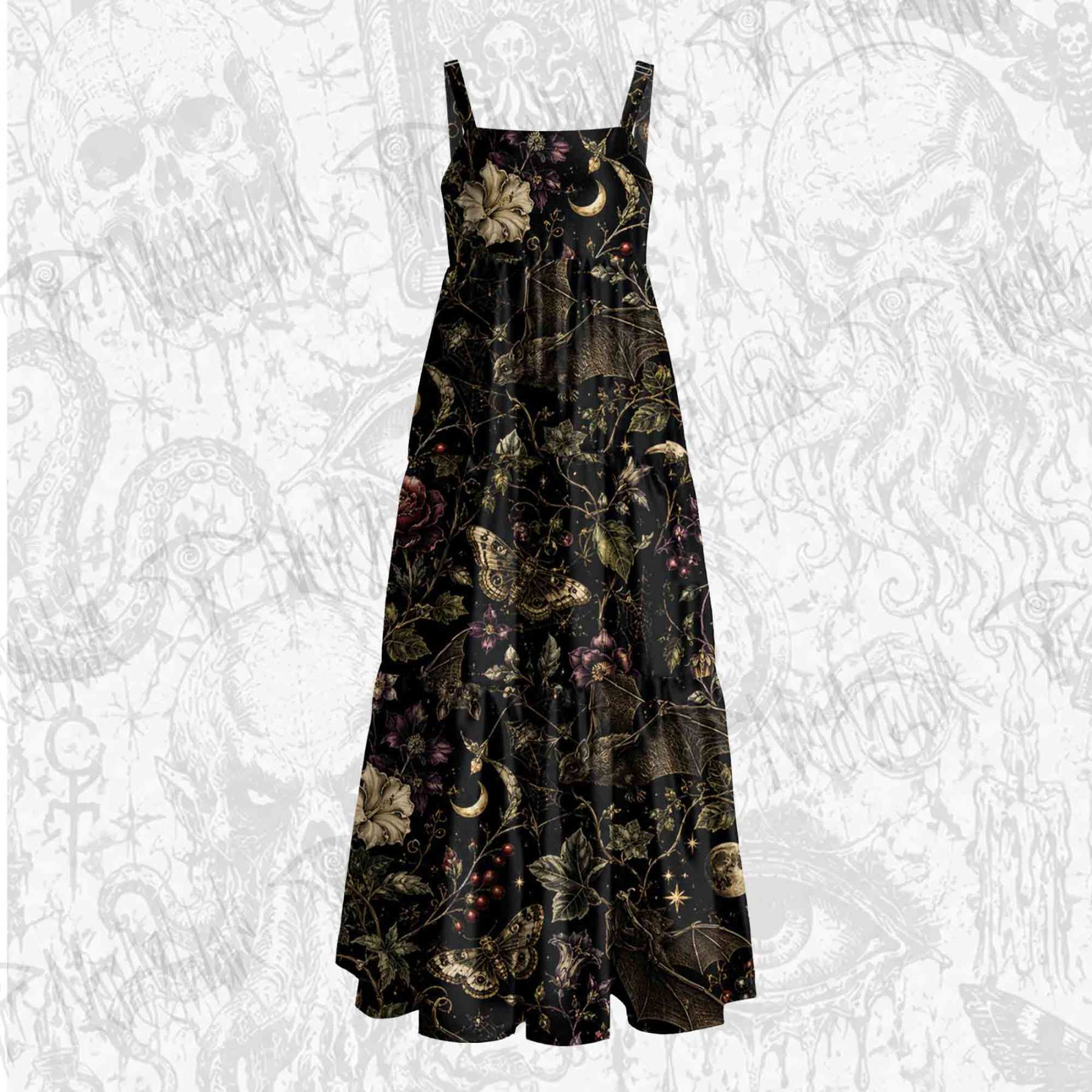 Moonlit Gothic Bat Wide Straps Maxi Dress
