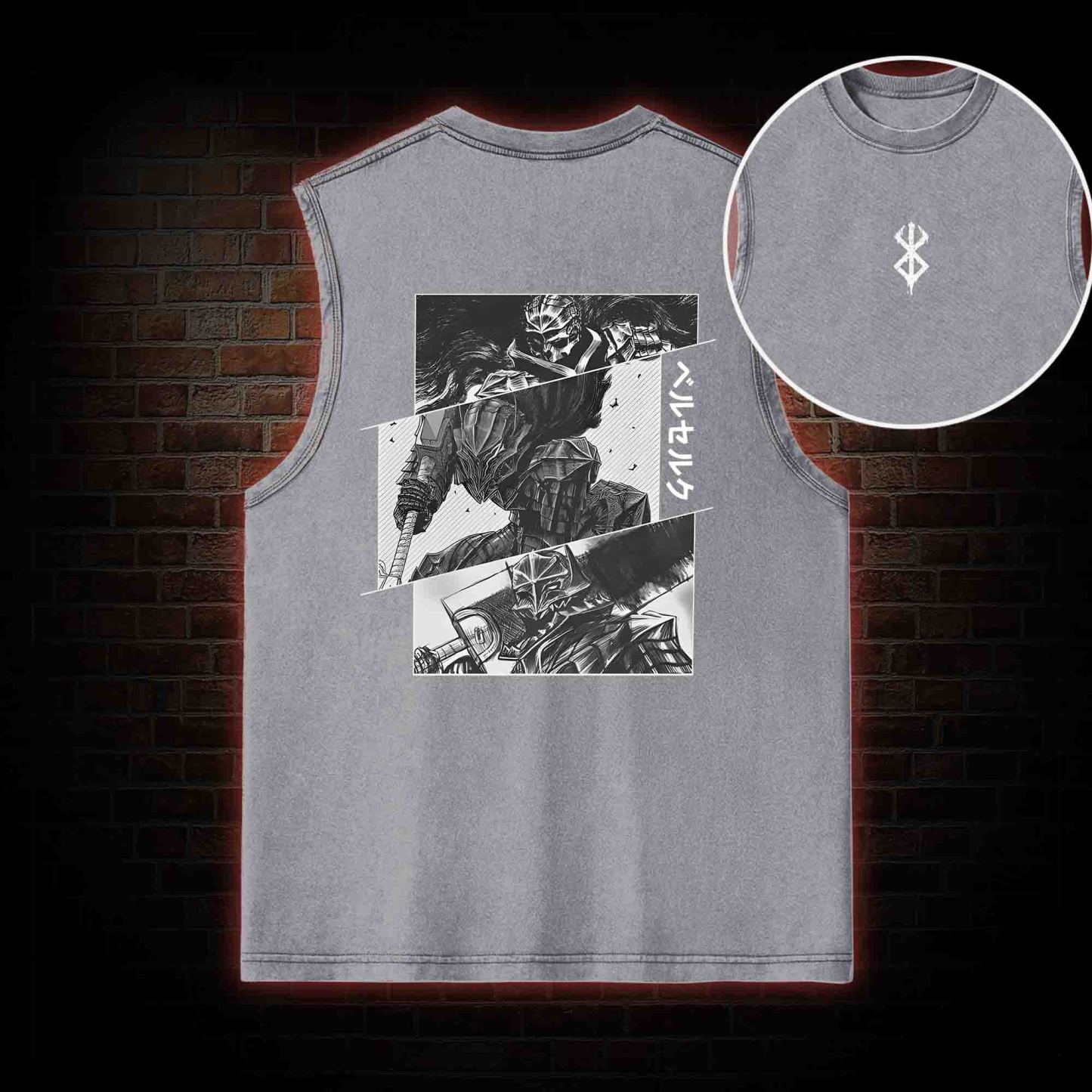 Black Swordsman Back Print Washed Tank Top