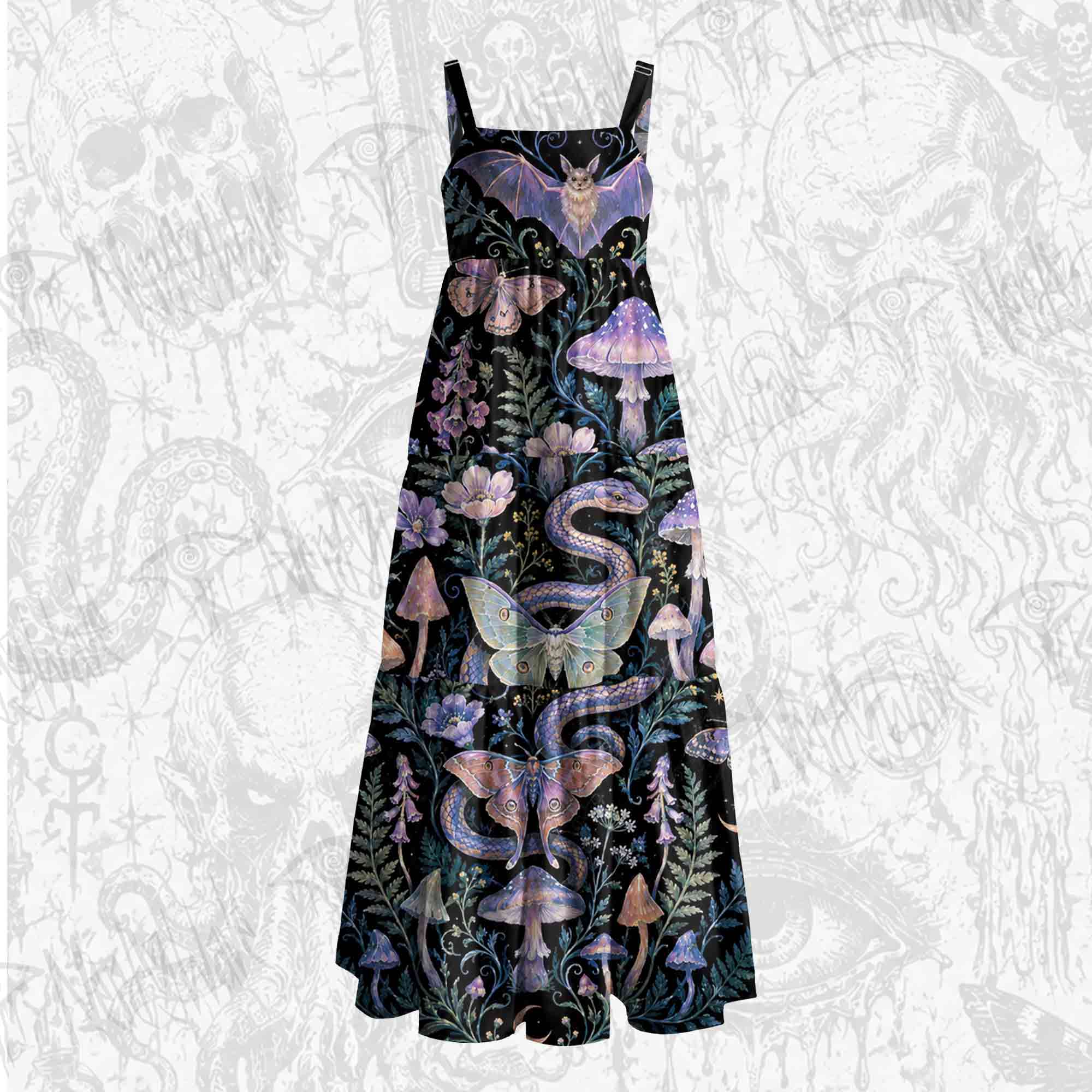Dark Forest Witch Moth Wide Straps Maxi Dress