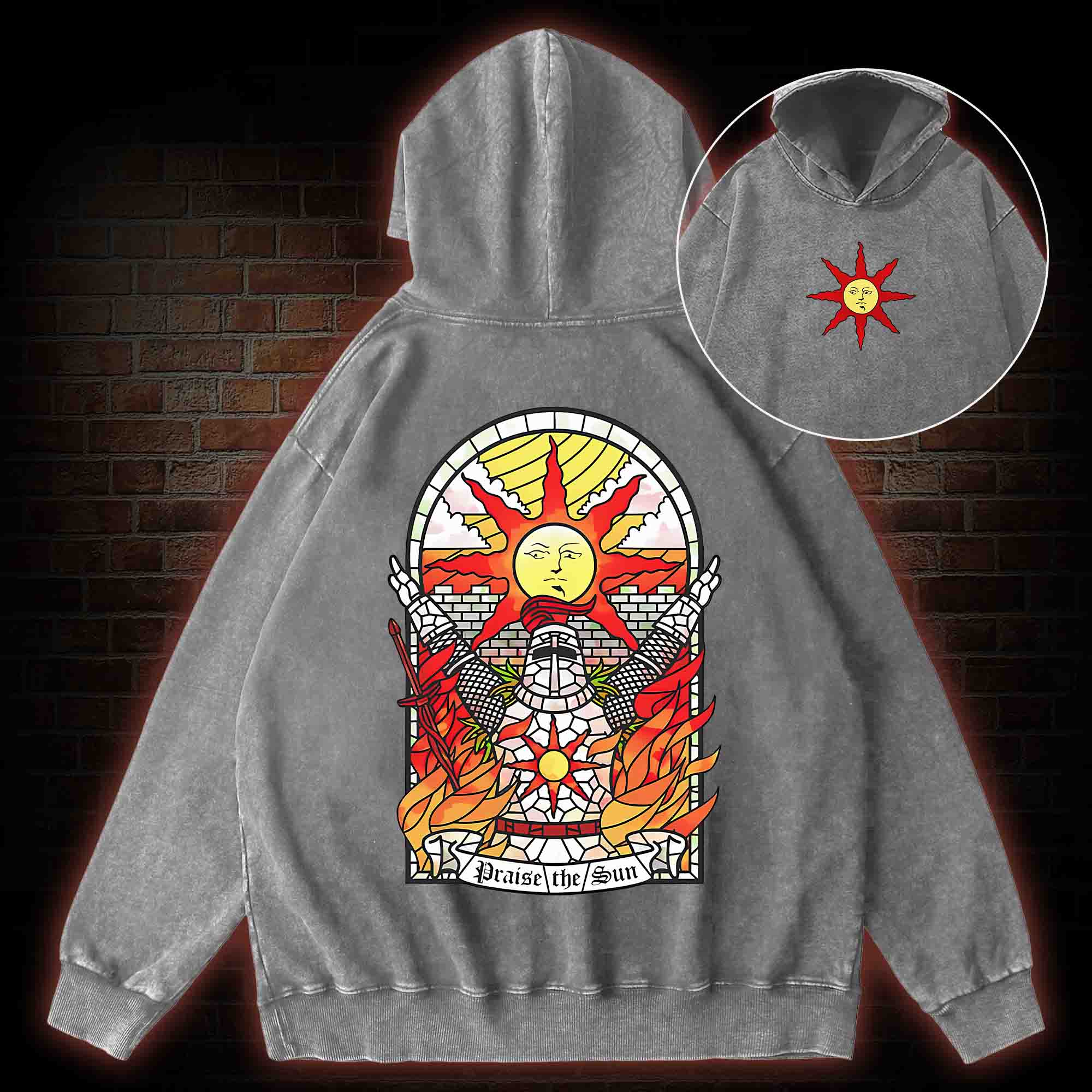Praise the Sun Back Print Washed Hoodie