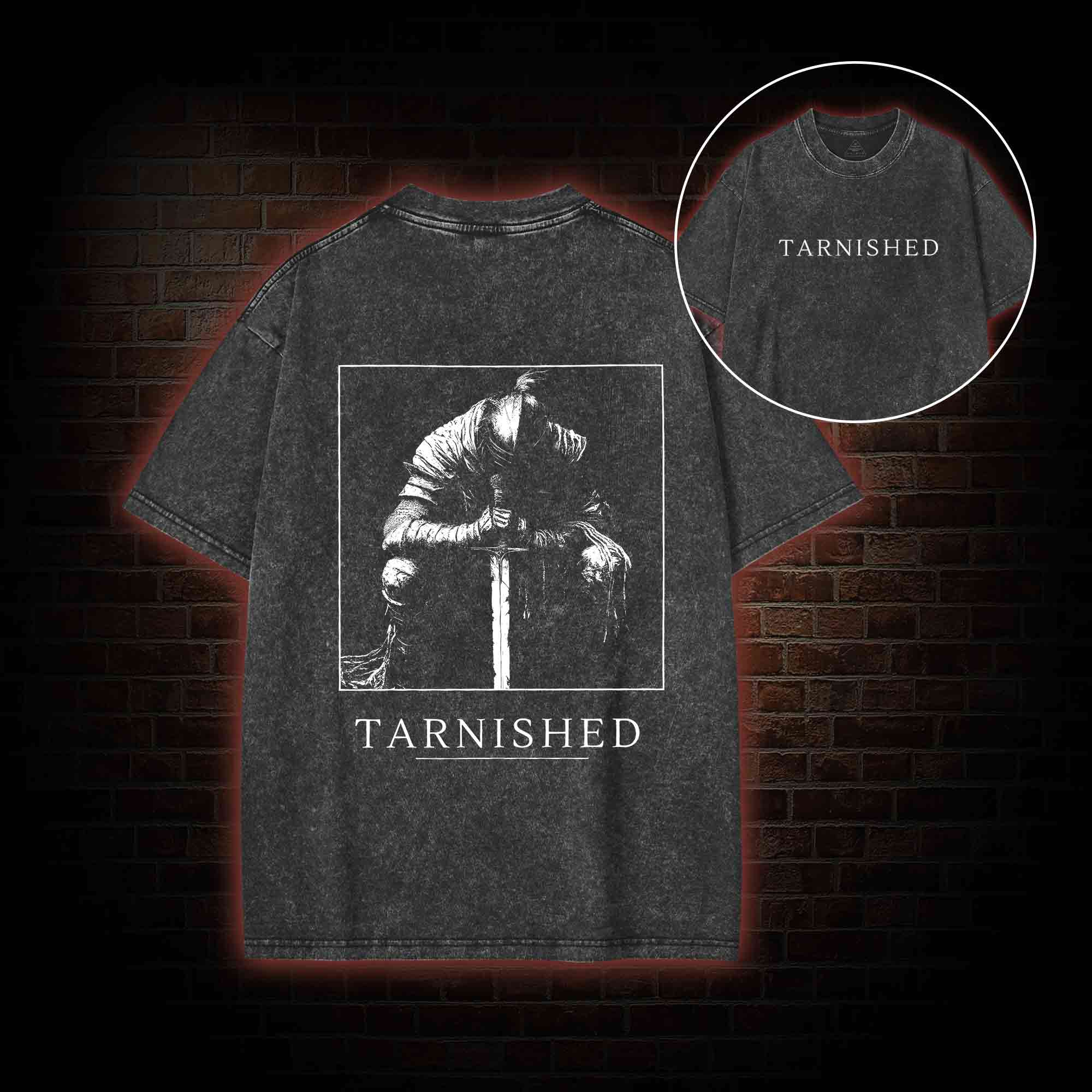 Dark Knight With Sword Back Print Washed T-shirt